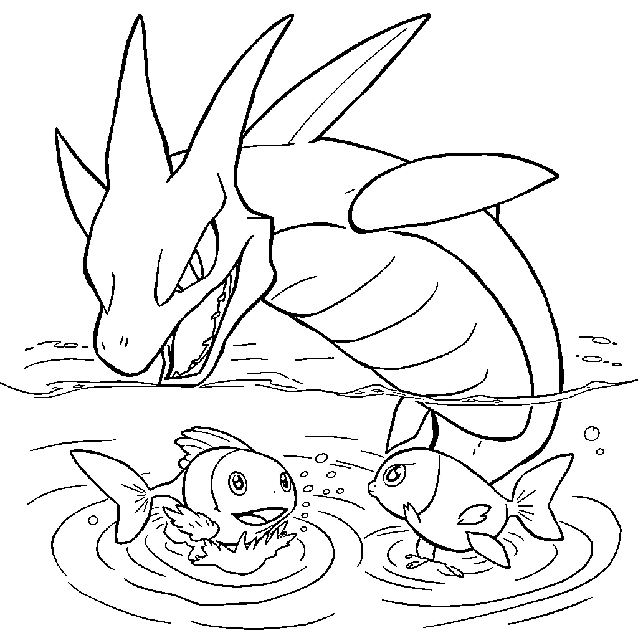 Gyarados swimming with other water Pokemon Coloring Page (free black-and-white line drawing printable PDF for all, from beginners to advanced learners, including children, teens, adults, and seniors)