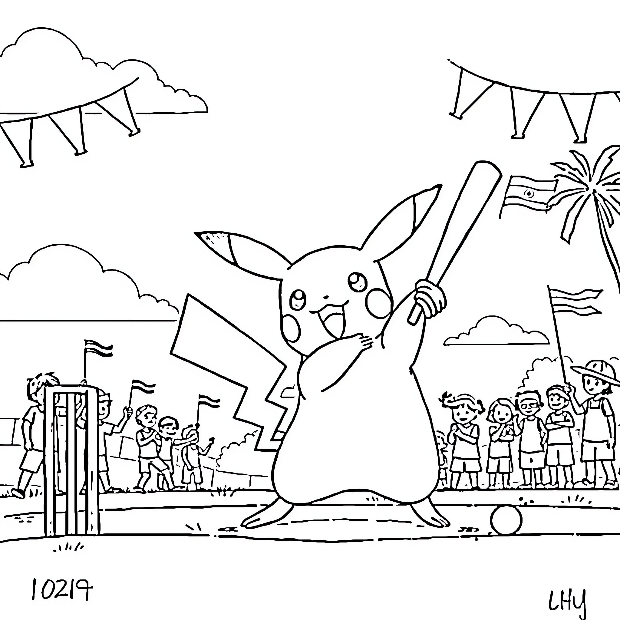 Pikachu Celebrates at a Party with Friends Coloring Page (free black-and-white line drawing printable PDF for all, from beginners to advanced learners, including children, teens, adults, and seniors)