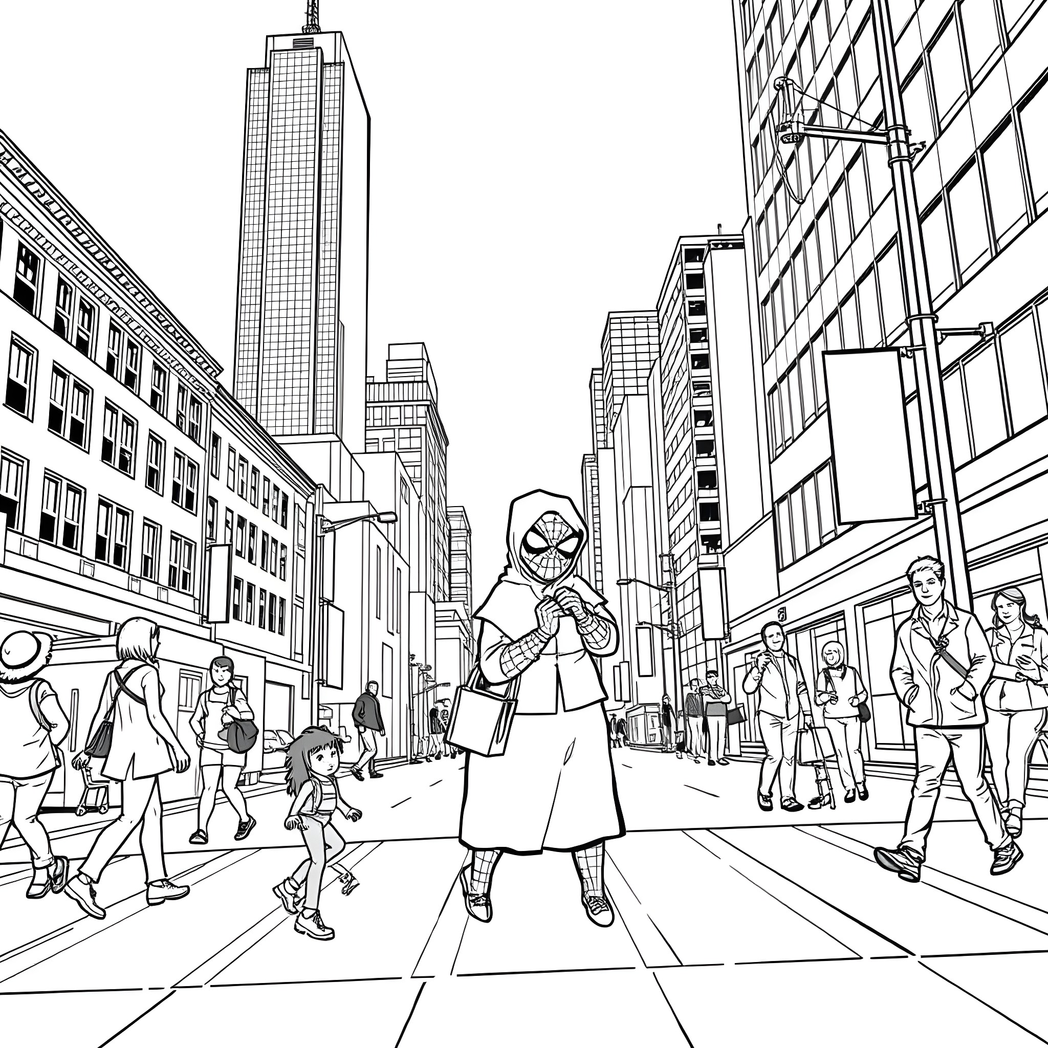 Spider-Man swinging through the busy city streets Coloring Page (free black-and-white line drawing printable PDF for all, from beginners to advanced learners, including children, teens, adults, and seniors)