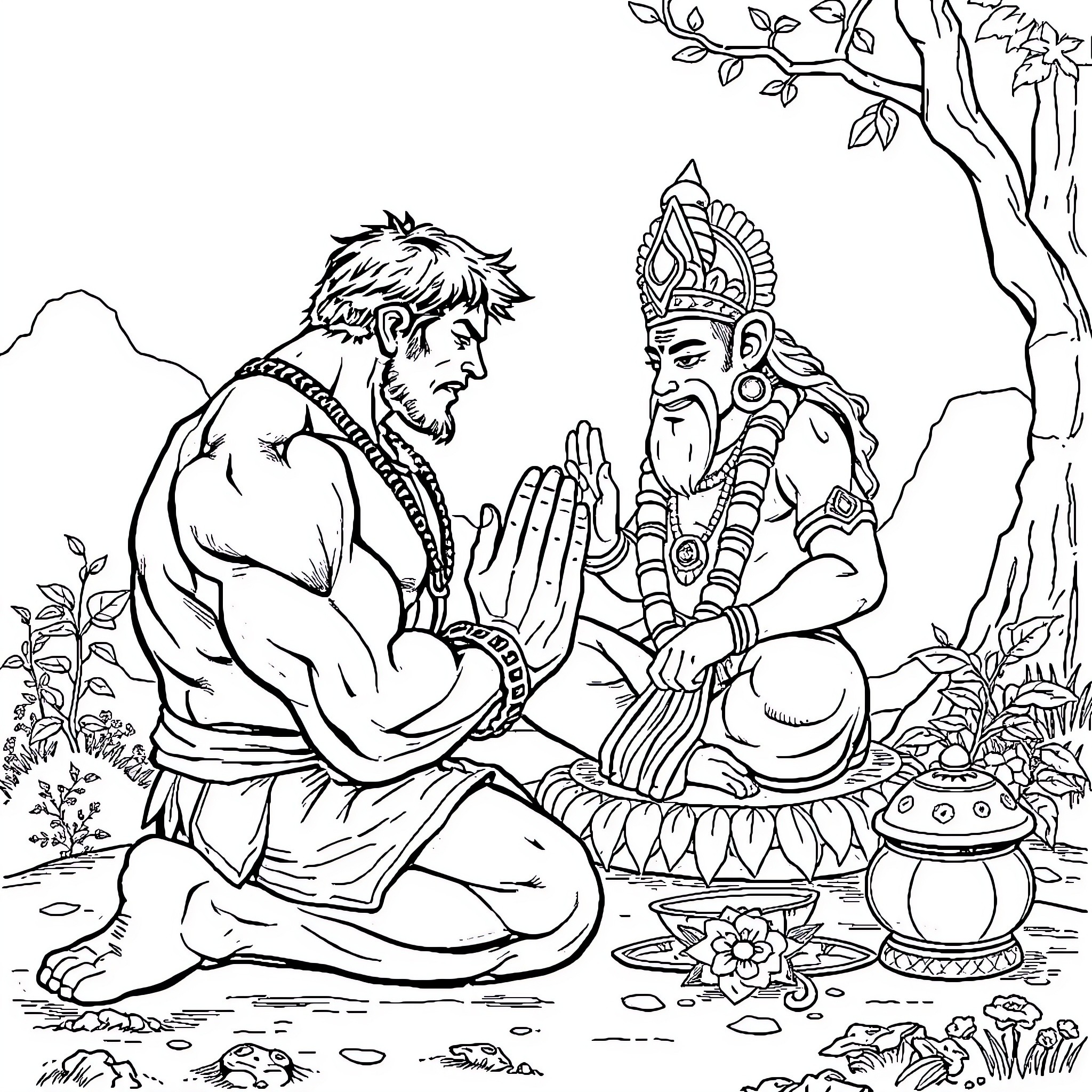 Hulk Worships Deity in Mystic Forest Scene Coloring Page (free black-and-white line drawing printable PDF for all, from beginners to advanced learners, including children, teens, adults, and seniors)