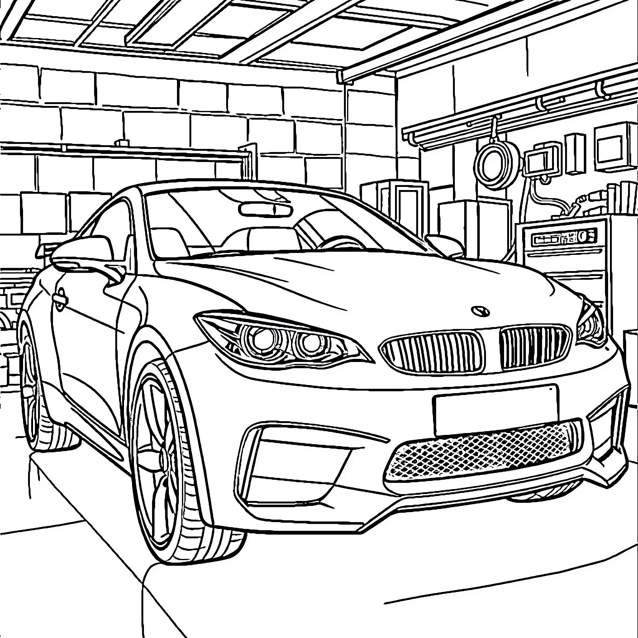 Car in Garage with Repair Tools Coloring Page (free black-and-white line drawing printable PDF for all, from beginners to advanced learners, including children, teens, adults, and seniors)