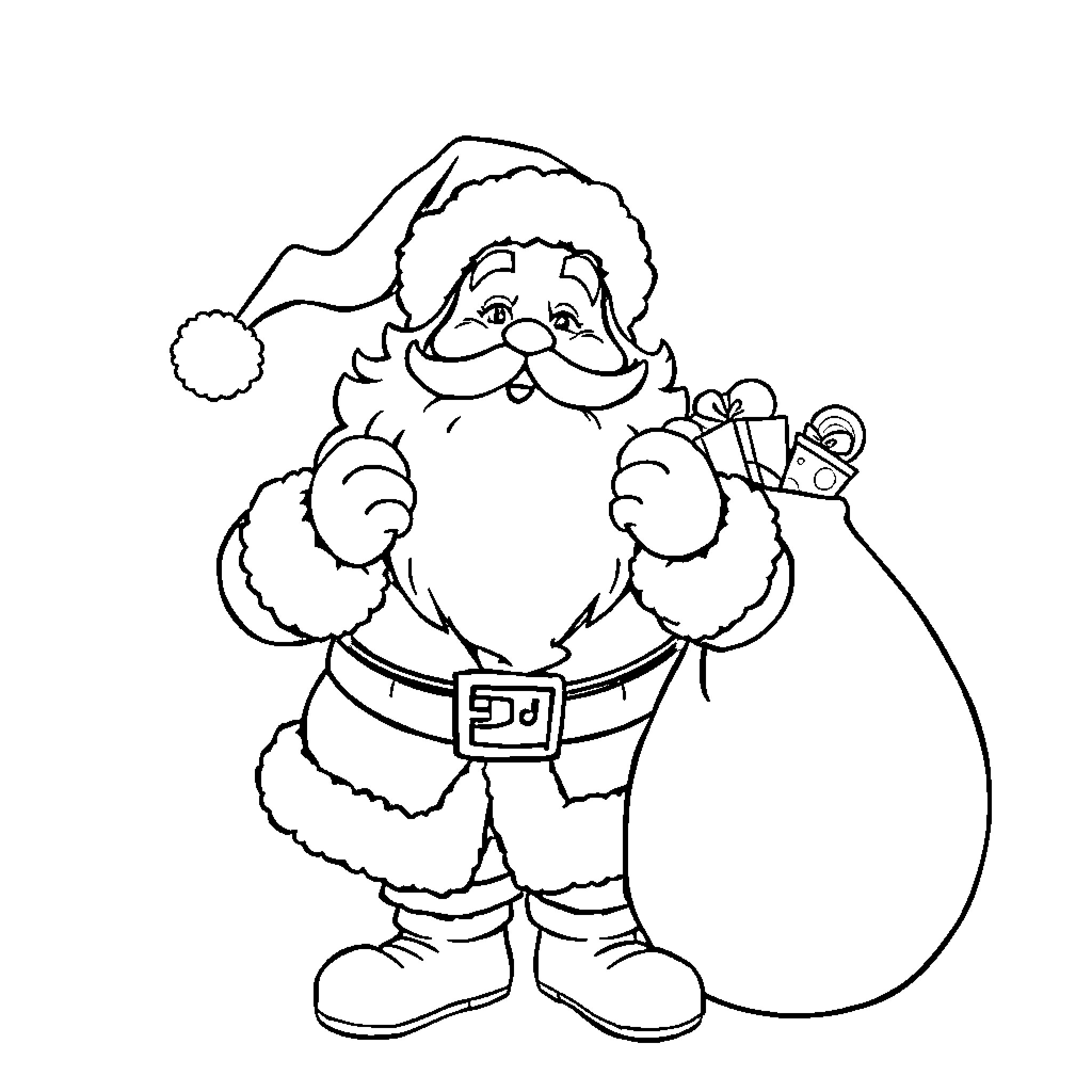 Santa Claus carrying a sack of gifts Coloring Page (free black-and-white line drawing printable PDF for all, from beginners to advanced learners, including children, teens, adults, and seniors)