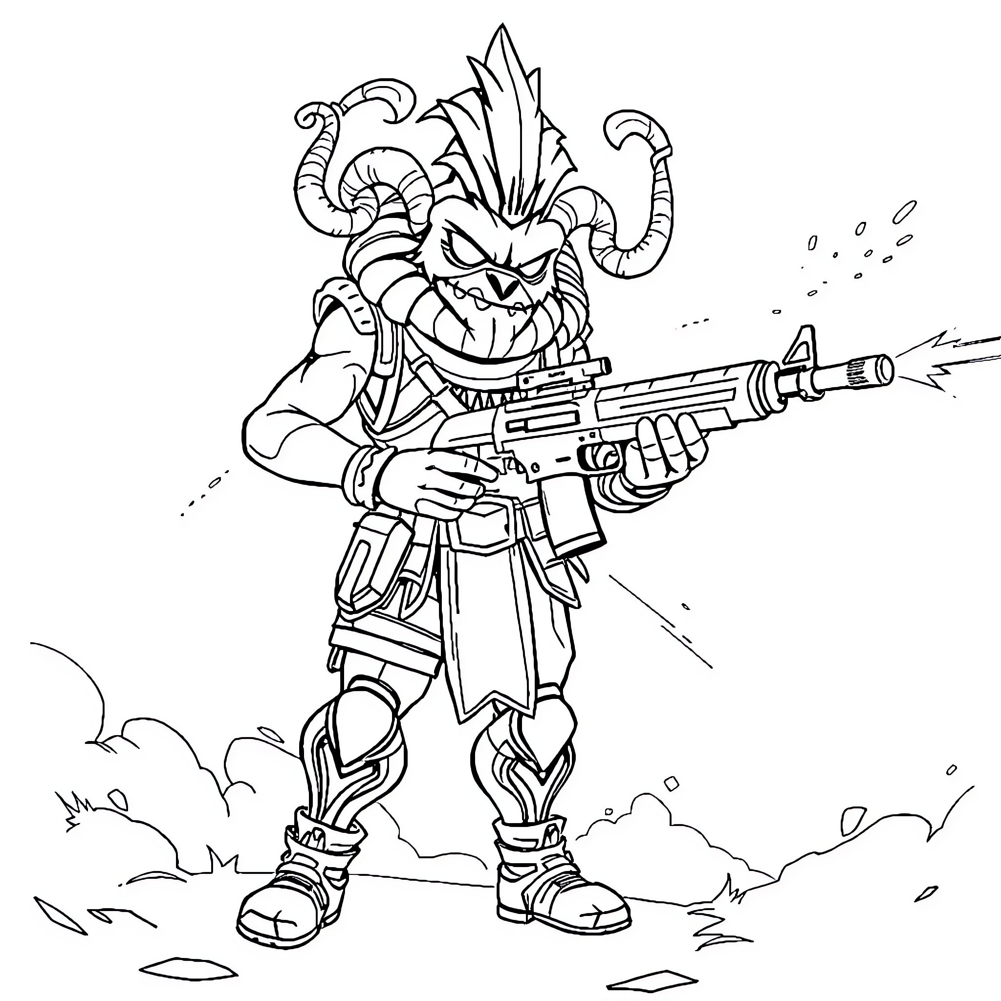 Midas the Warrior Firing Weapon in Rugged Terrain Coloring Page (free black-and-white line drawing printable PDF for all, from beginners to advanced learners, including children, teens, adults, and seniors)