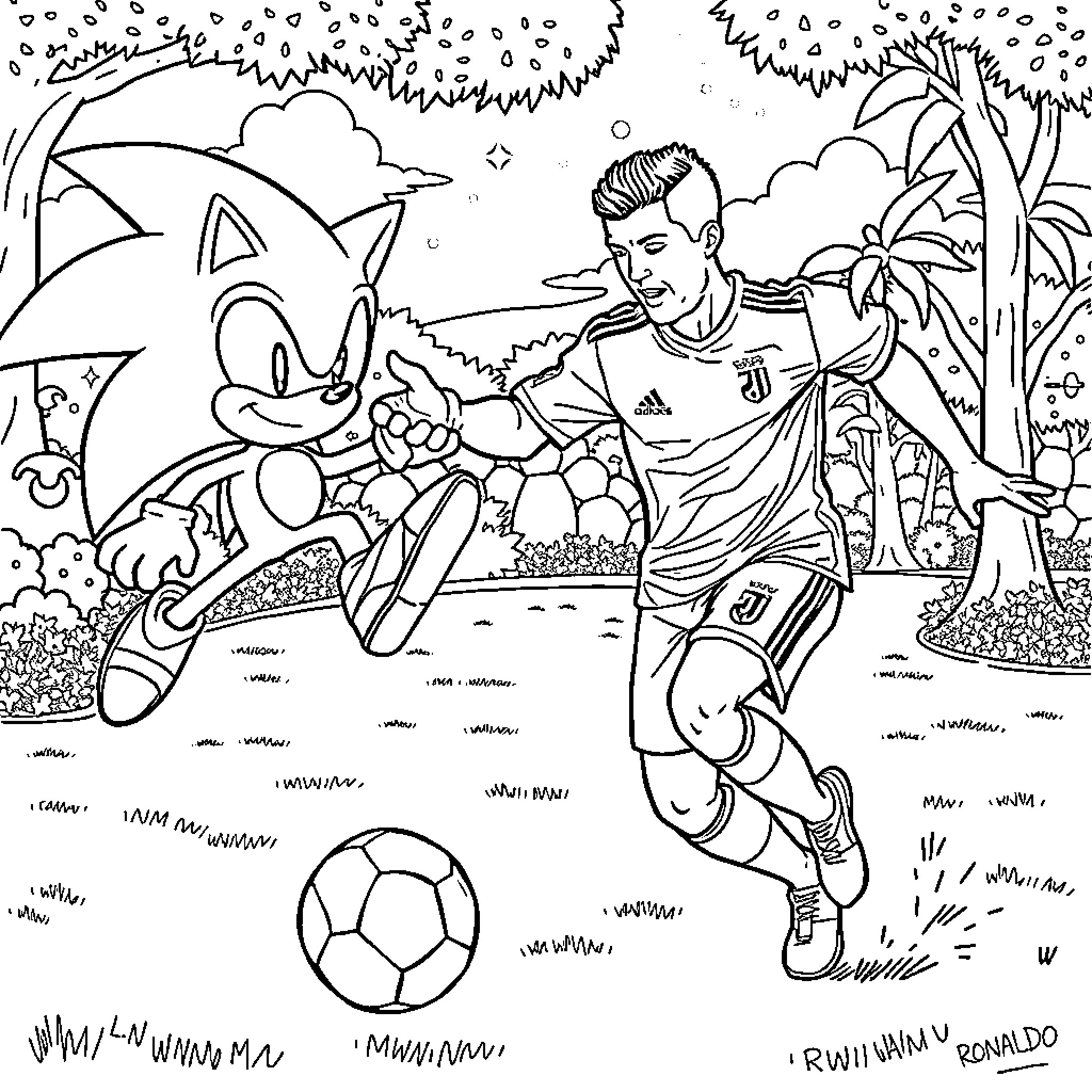 Cristiano Ronaldo playing soccer with Sonic the Hedgehog Coloring Page (free black-and-white line drawing printable PDF for all, from beginners to advanced learners, including children, teens, adults, and seniors)