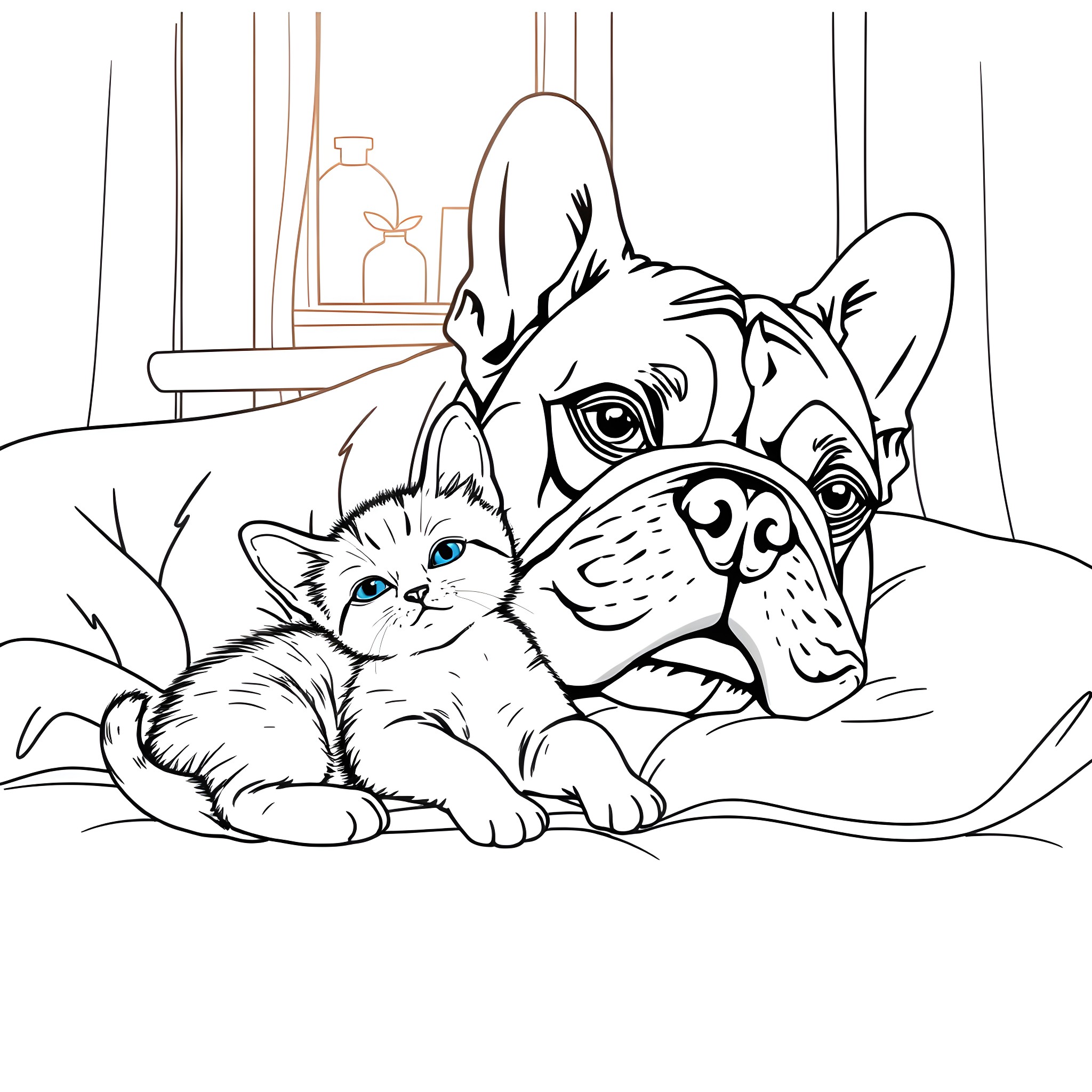 Bulldog and kitten napping together Coloring Page (free black-and-white line drawing printable PDF for all, from beginners to advanced learners, including children, teens, adults, and seniors)