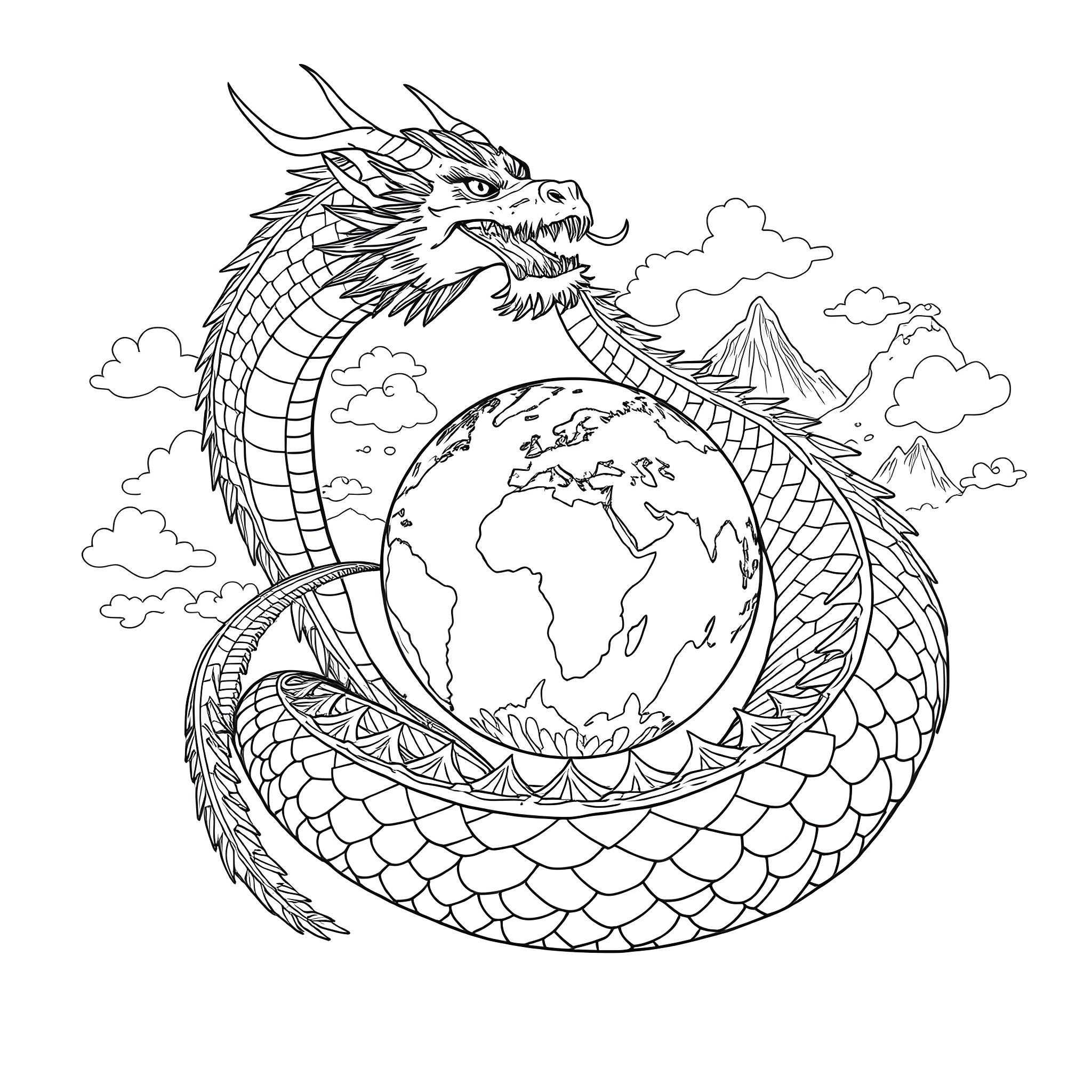 Dragon encircling the world in the sky Coloring Page (free black-and-white line drawing printable PDF for all, from beginners to advanced learners, including children, teens, adults, and seniors)