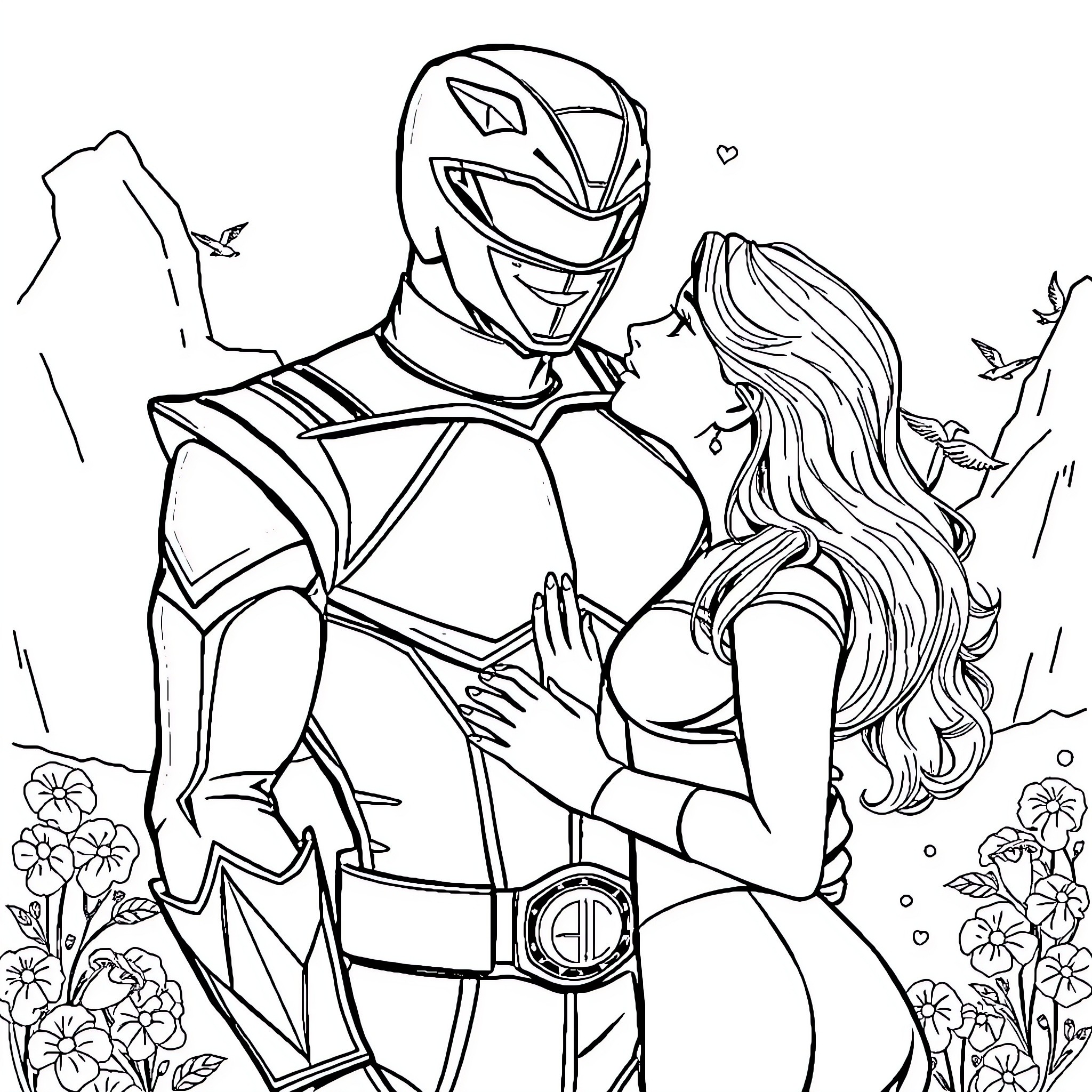 Power Ranger Embracing Partner in Floral Landscape Coloring Page (free black-and-white line drawing printable PDF for all, from beginners to advanced learners, including children, teens, adults, and seniors)