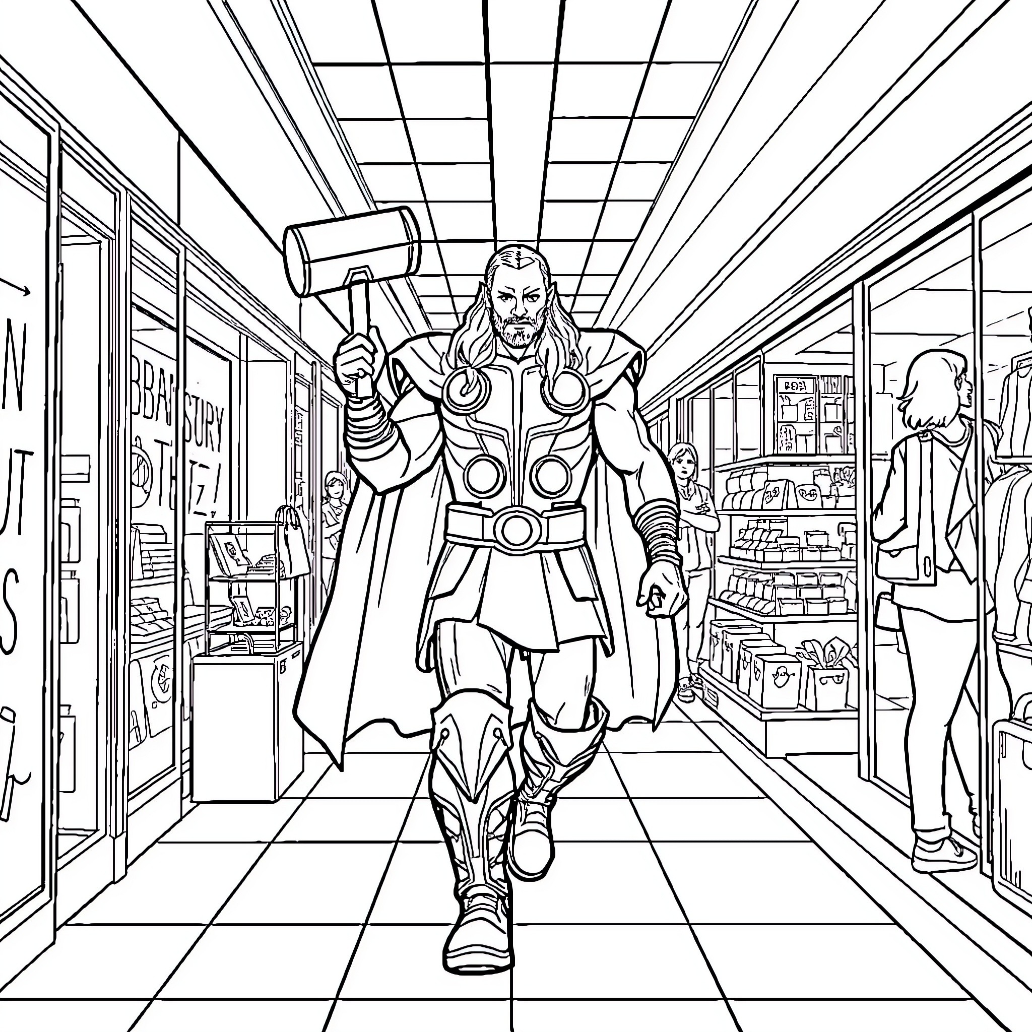Thor Wielding Hammer in Heroic Stance at Retail Store Coloring Page (free black-and-white line drawing printable PDF for all, from beginners to advanced learners, including children, teens, adults, and seniors)