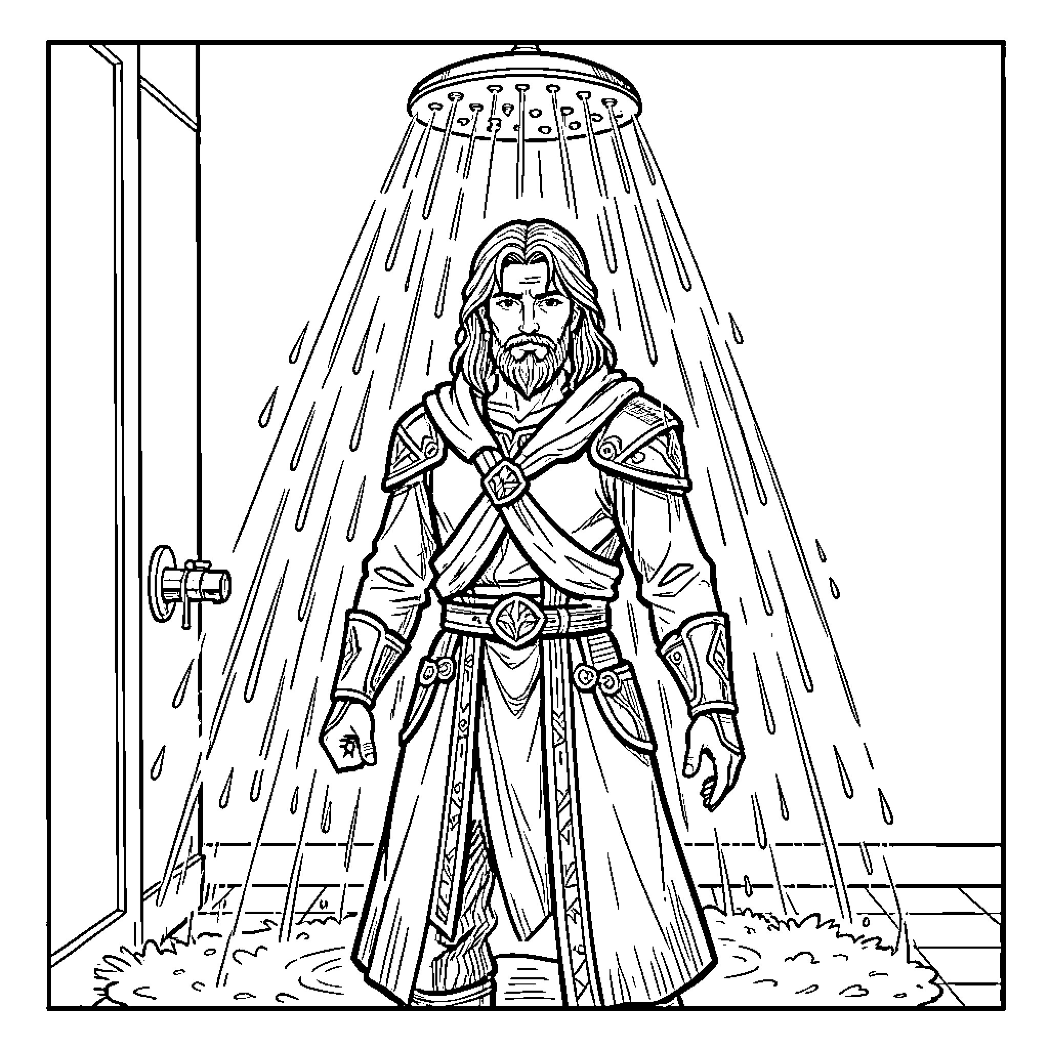 Rumi in a Contemplative Pose under Celestial Light Coloring Page (free black-and-white line drawing printable PDF for all, from beginners to advanced learners, including children, teens, adults, and seniors)