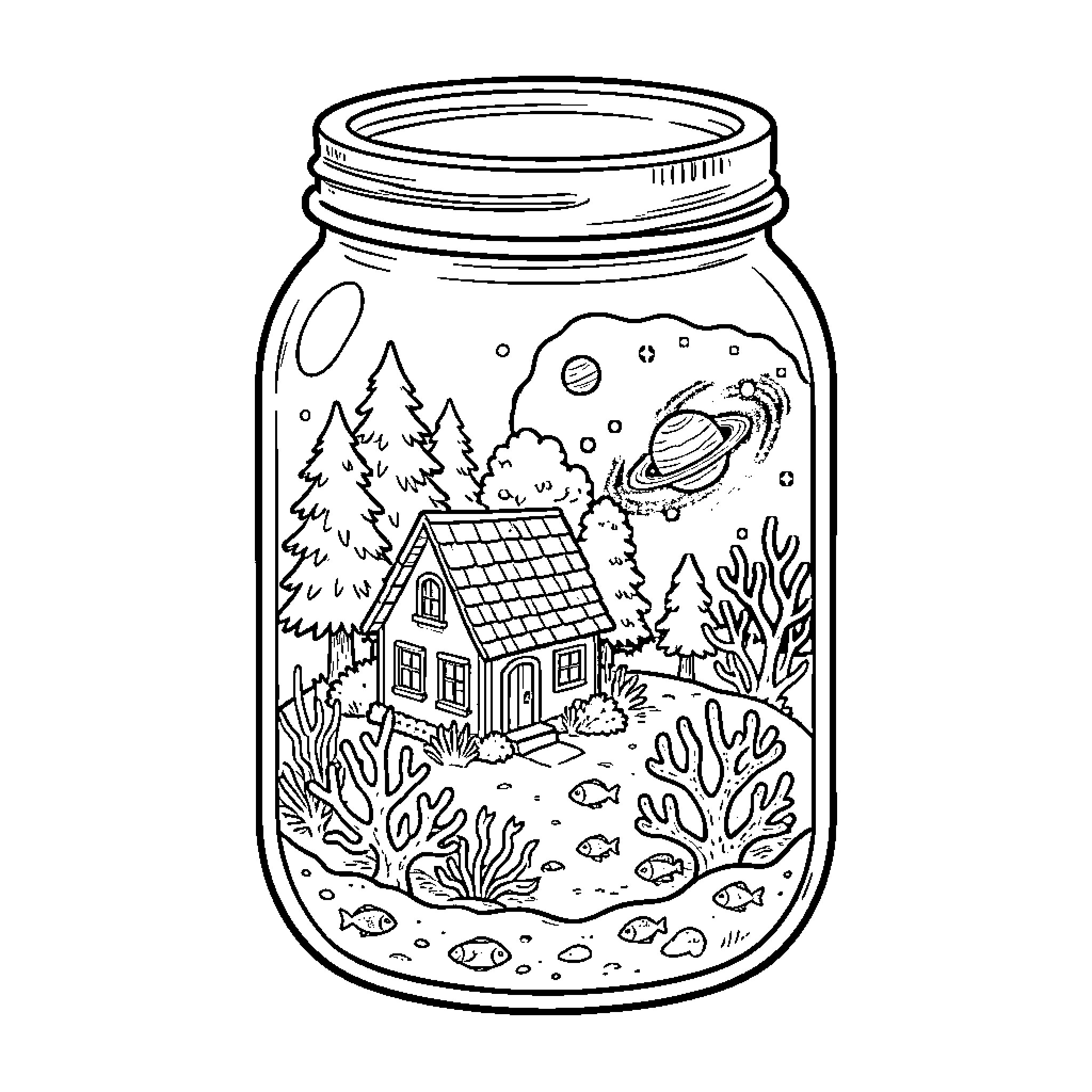 Terrarium with whimsical forest scene Coloring Page (free black-and-white line drawing printable PDF for all, from beginners to advanced learners, including children, teens, adults, and seniors)
