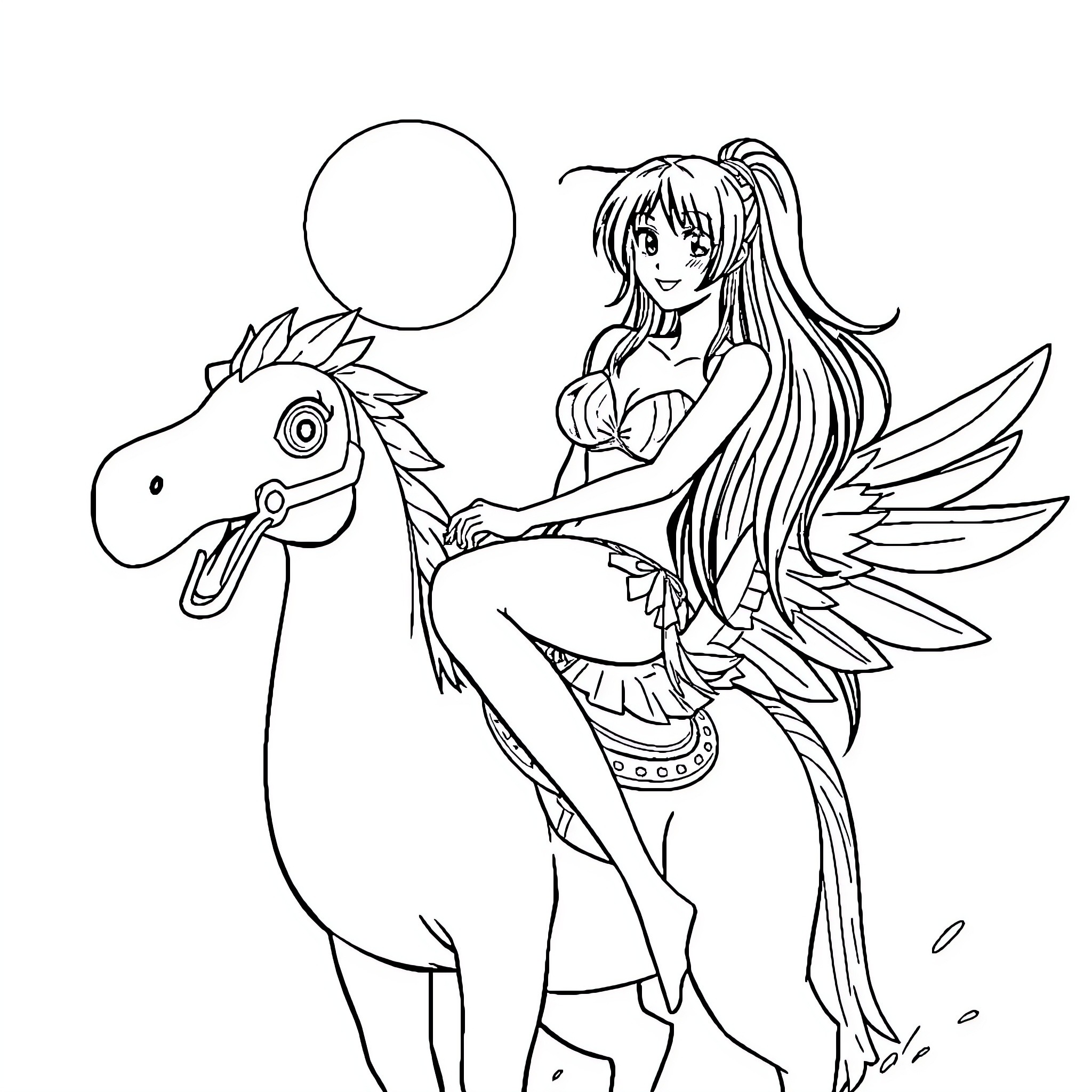 Tifa riding a winged fantasy creature Coloring Page (free black-and-white line drawing printable PDF for all, from beginners to advanced learners, including children, teens, adults, and seniors)