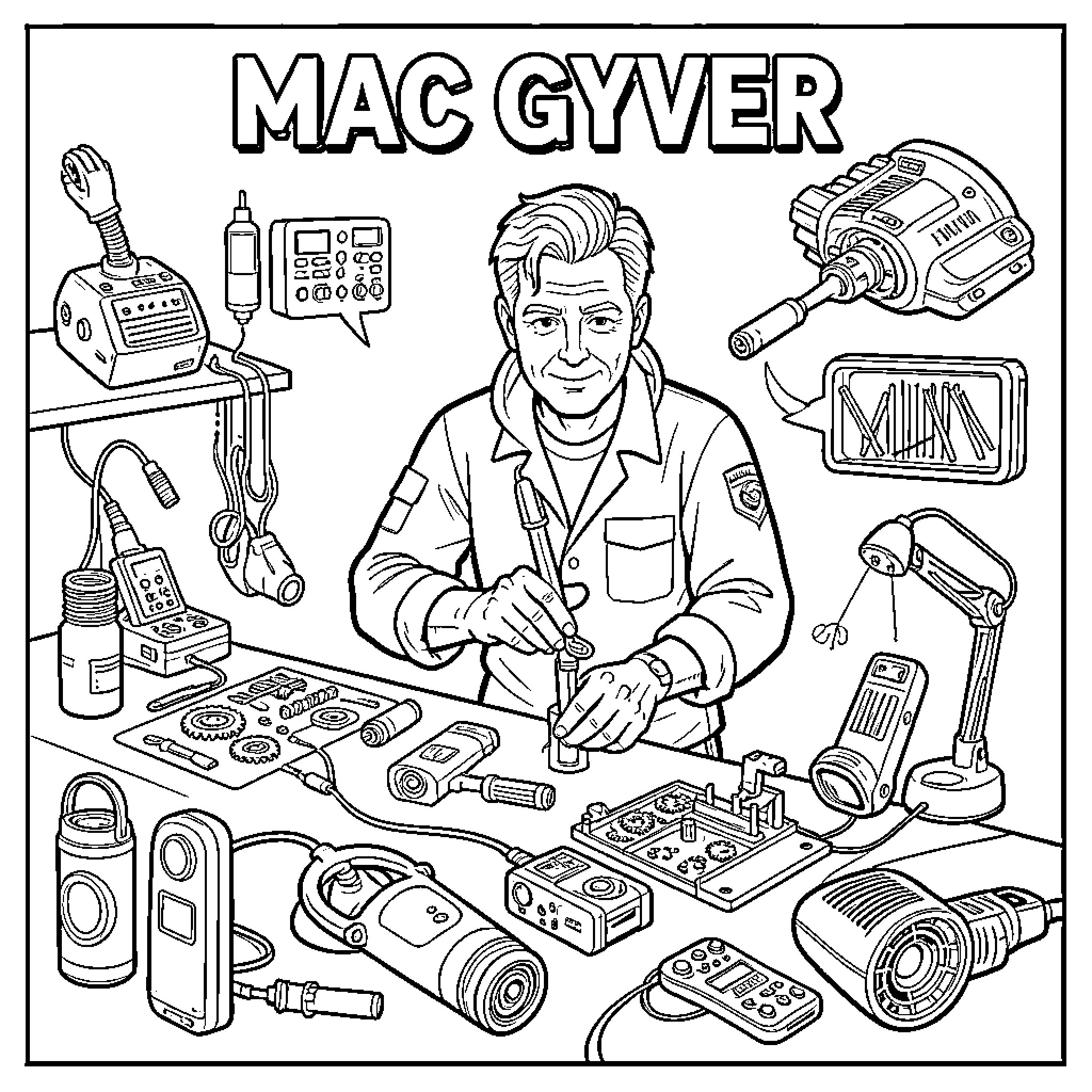 MacGyver's Ingenious Gadgets and Inventions Coloring Page (free black-and-white line drawing printable PDF for all, from beginners to advanced learners, including children, teens, adults, and seniors)