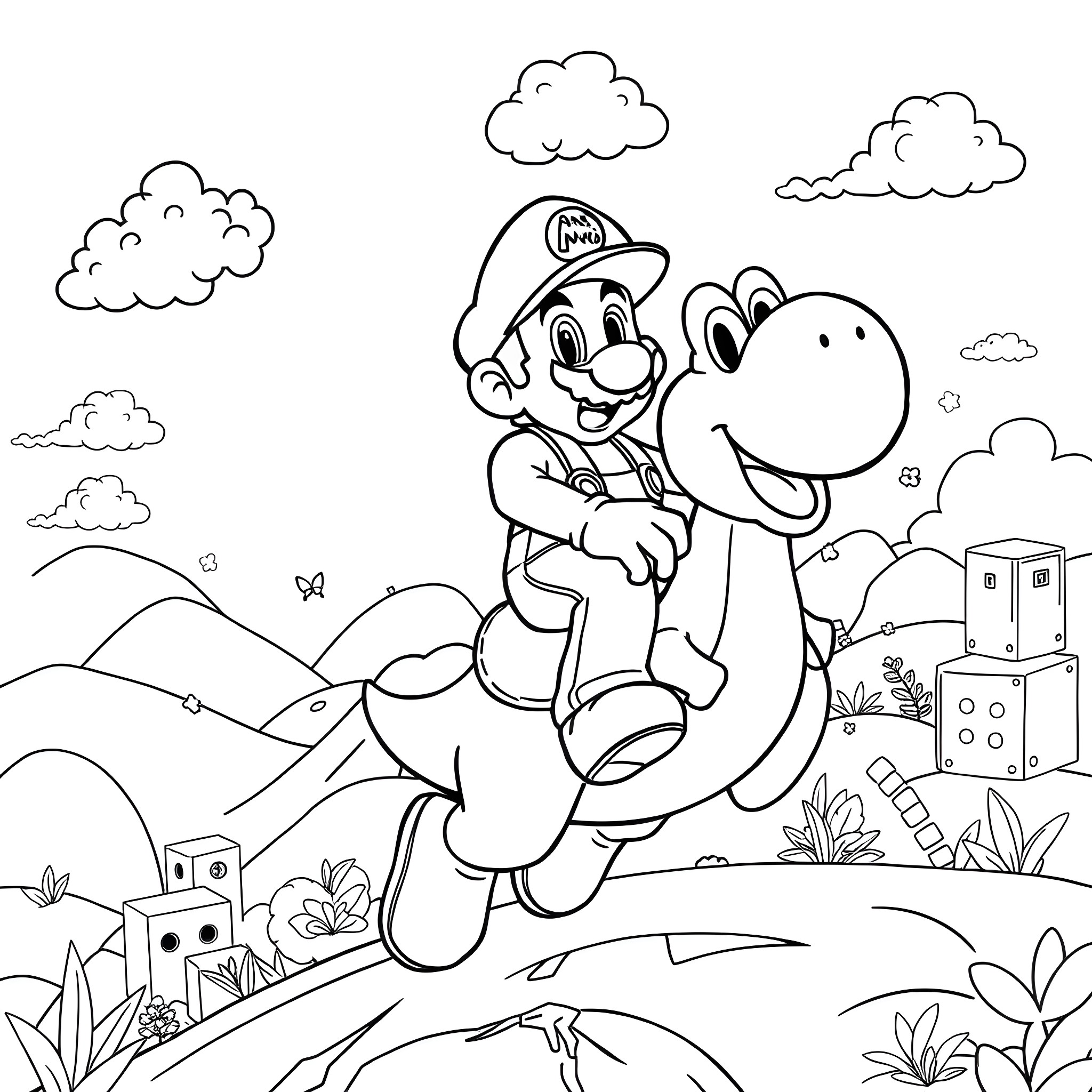 Mario's Playful Adventure with Yoshi Coloring Page (free black-and-white line drawing printable PDF for all, from beginners to advanced learners, including children, teens, adults, and seniors)