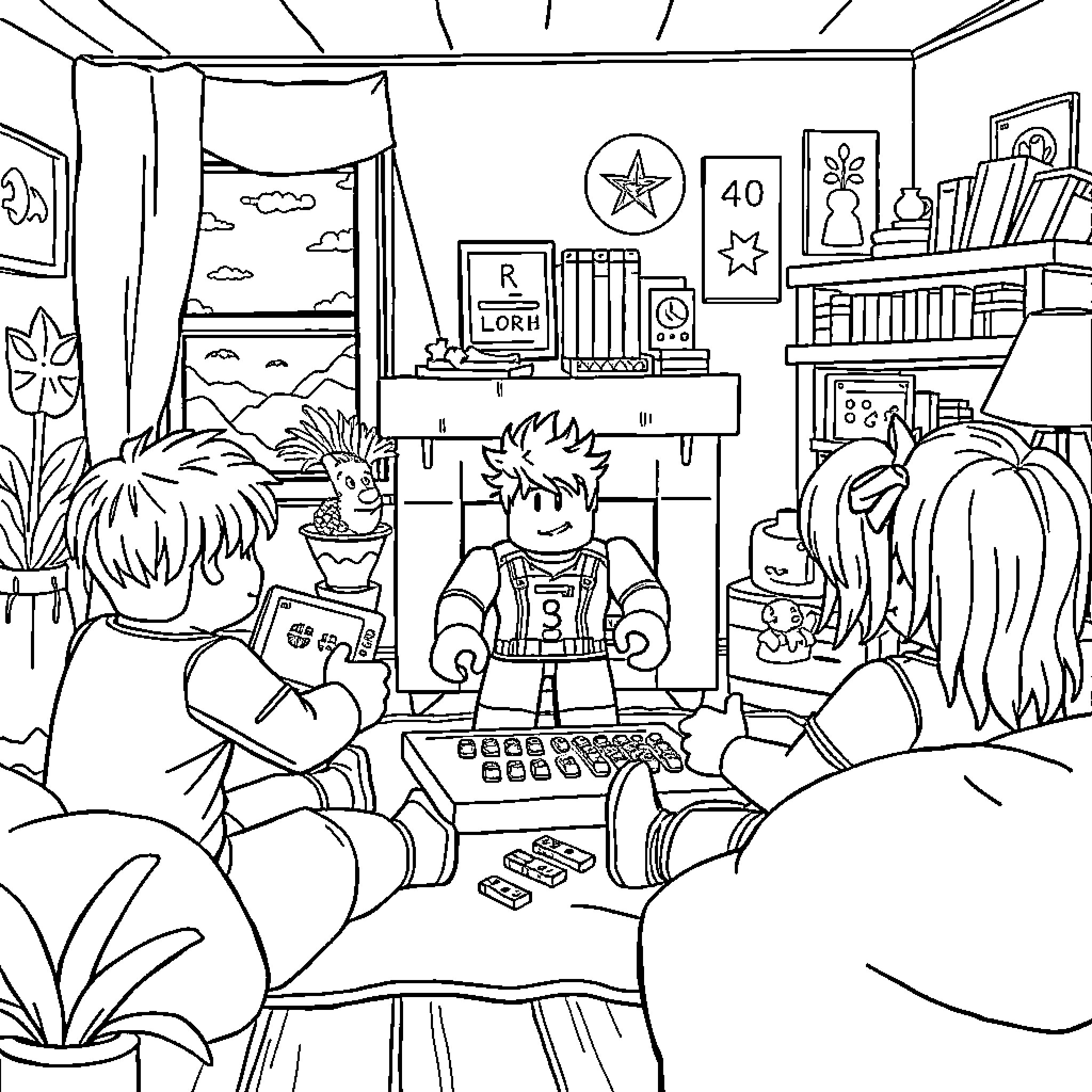 Roblox players enjoying a gaming session in cozy room Coloring Page (free black-and-white line drawing printable PDF for all, from beginners to advanced learners, including children, teens, adults, and seniors)