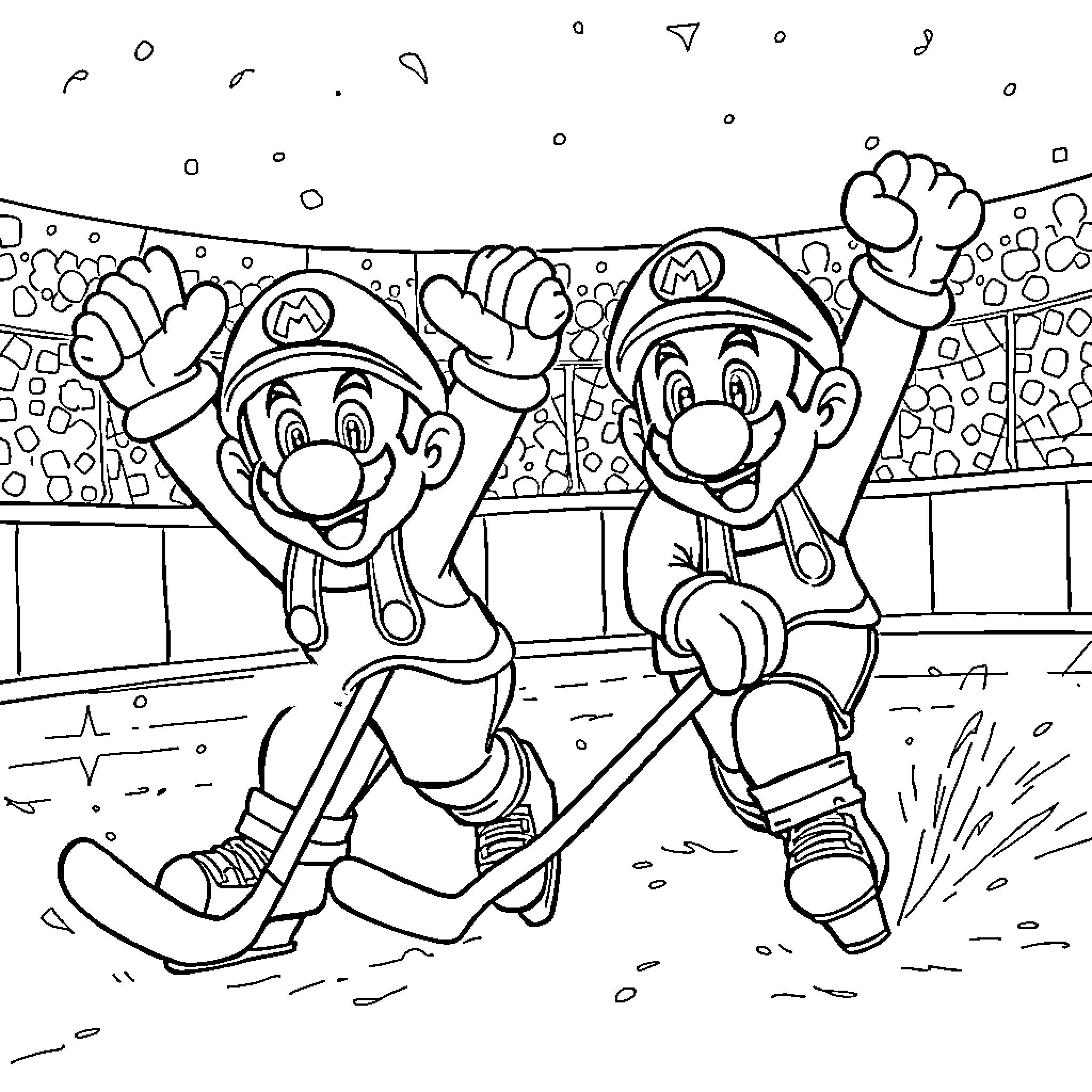 Mario brothers having fun in the snow Coloring Page (free black-and-white line drawing printable PDF for all, from beginners to advanced learners, including children, teens, adults, and seniors)