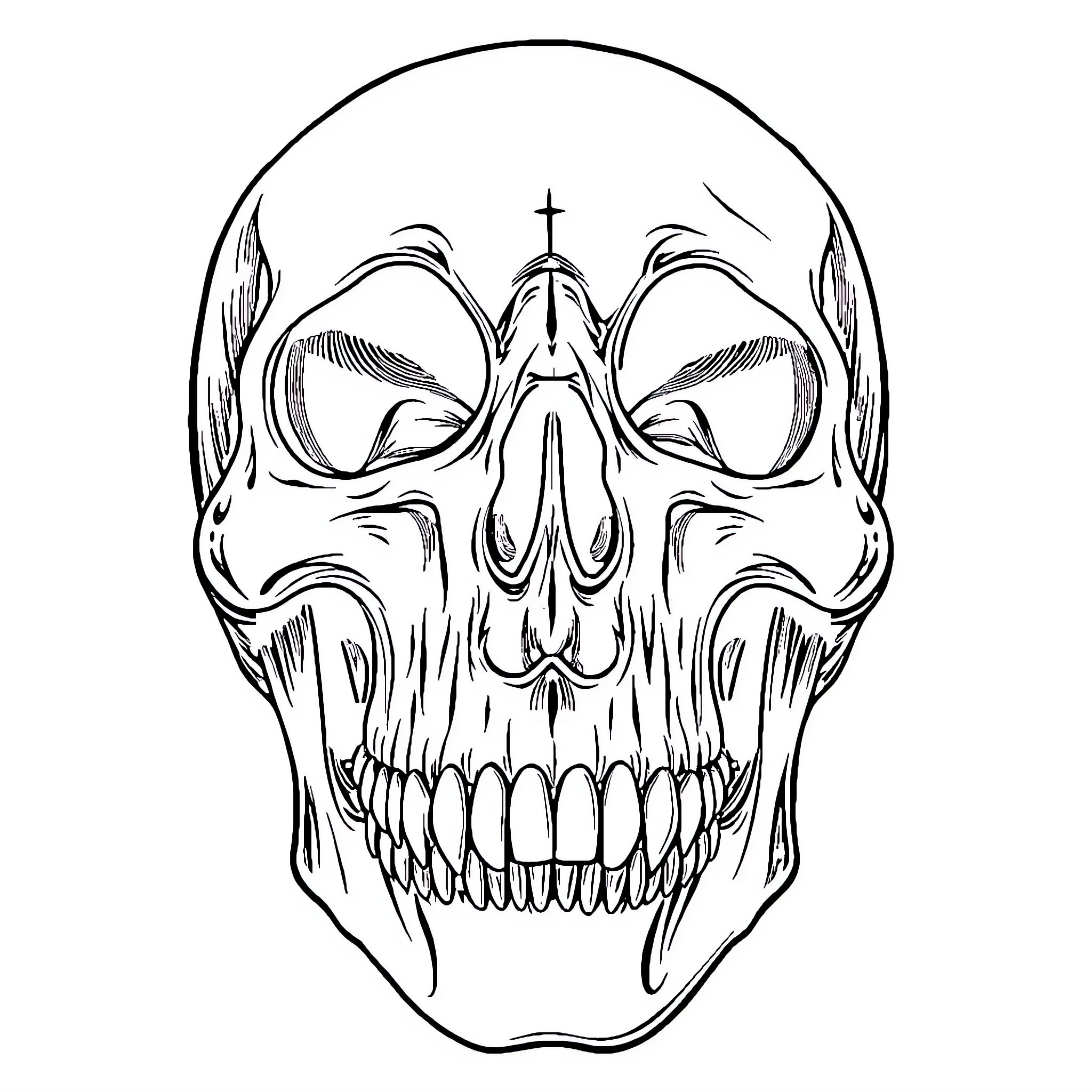Skull with Intense Gaze Coloring Page (free black-and-white line drawing printable PDF for all, from beginners to advanced learners, including children, teens, adults, and seniors)