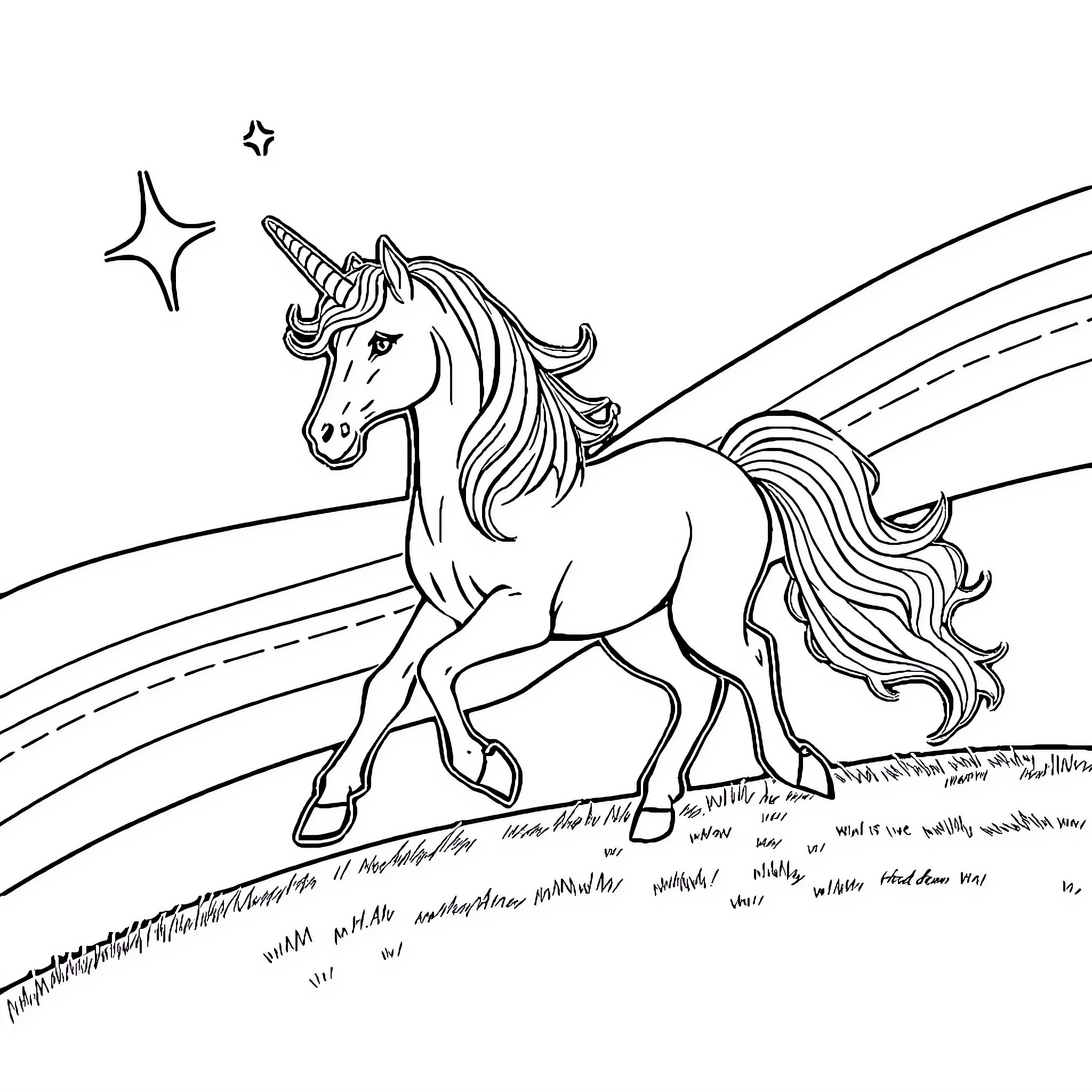 Unicorn galloping across a starry landscape Coloring Page (free black-and-white line drawing printable PDF for all, from beginners to advanced learners, including children, teens, adults, and seniors)