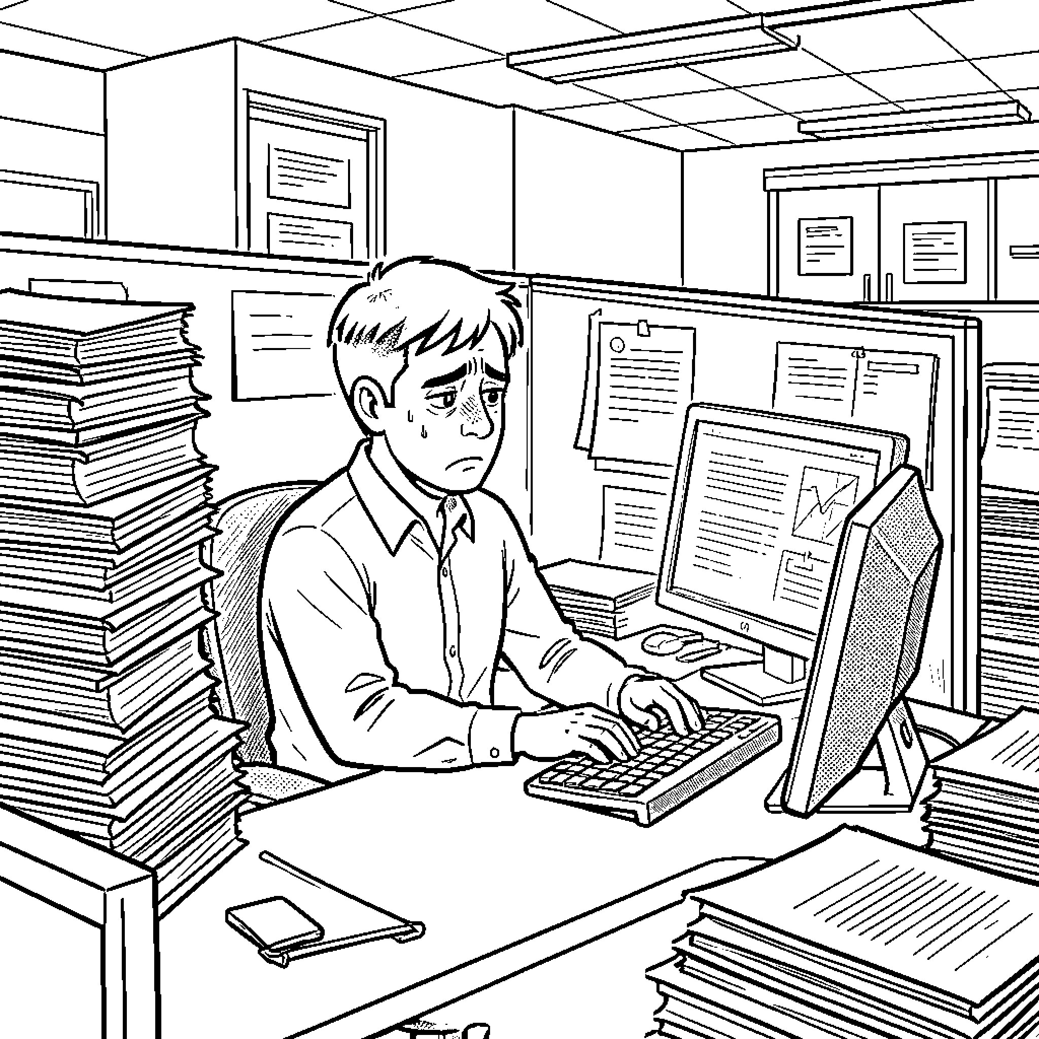 Office Worker looking stressed while working at a desk Coloring Page (free black-and-white line drawing printable PDF for all, from beginners to advanced learners, including children, teens, adults, and seniors)