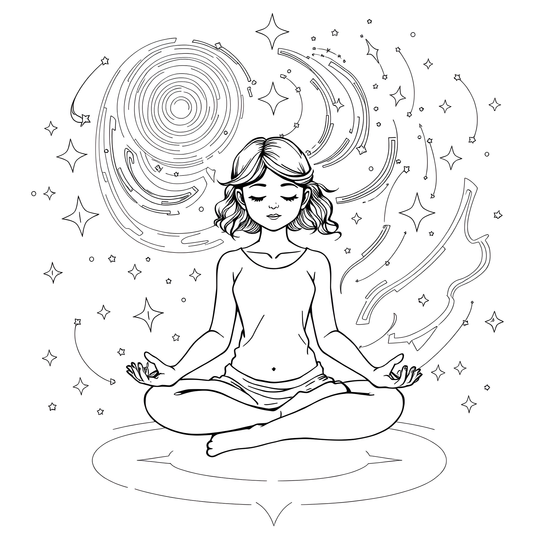 Girl meditating amidst cosmic stars and swirls Coloring Page (free black-and-white line drawing printable PDF for all, from beginners to advanced learners, including children, teens, adults, and seniors)