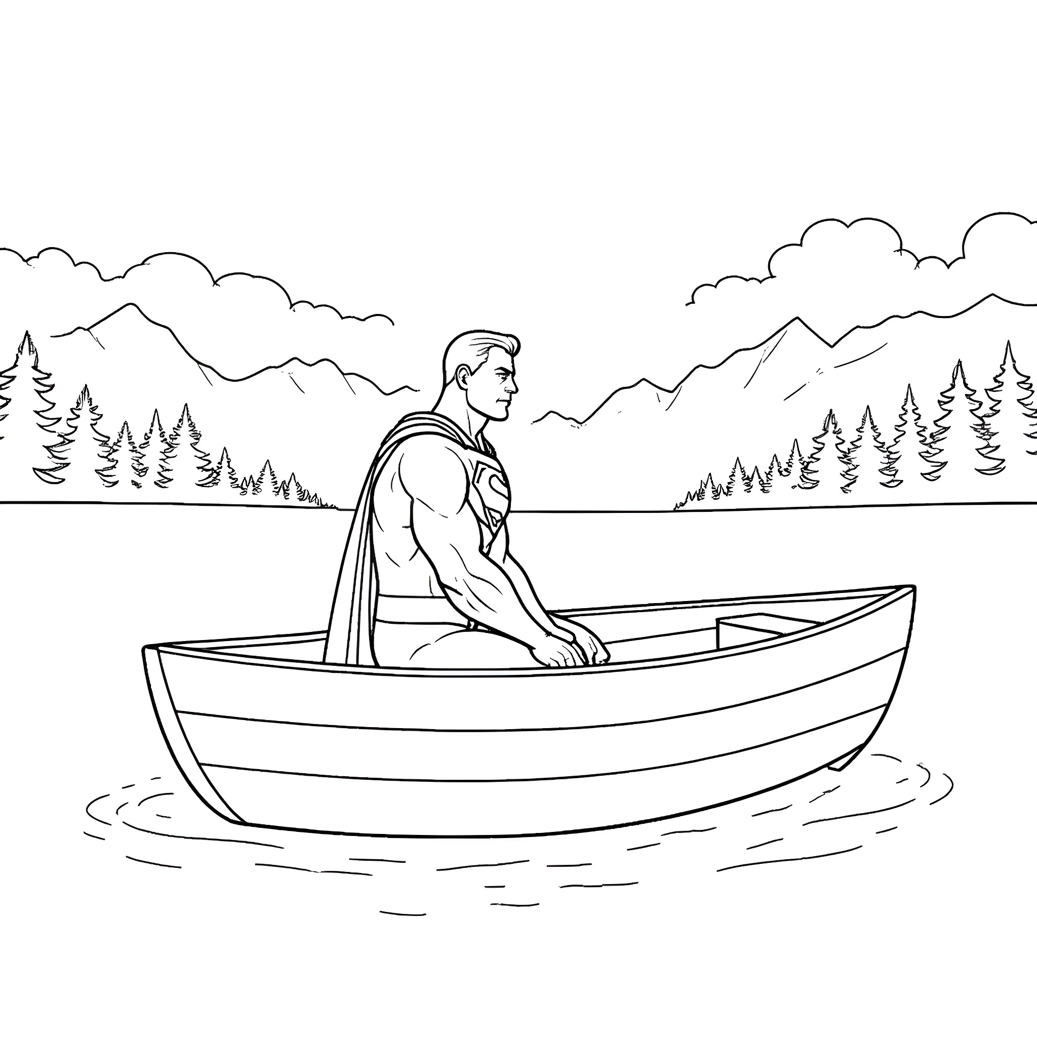 Superman relaxing in a peaceful boat on the lake Coloring Page (free black-and-white line drawing printable PDF for all, from beginners to advanced learners, including children, teens, adults, and seniors)