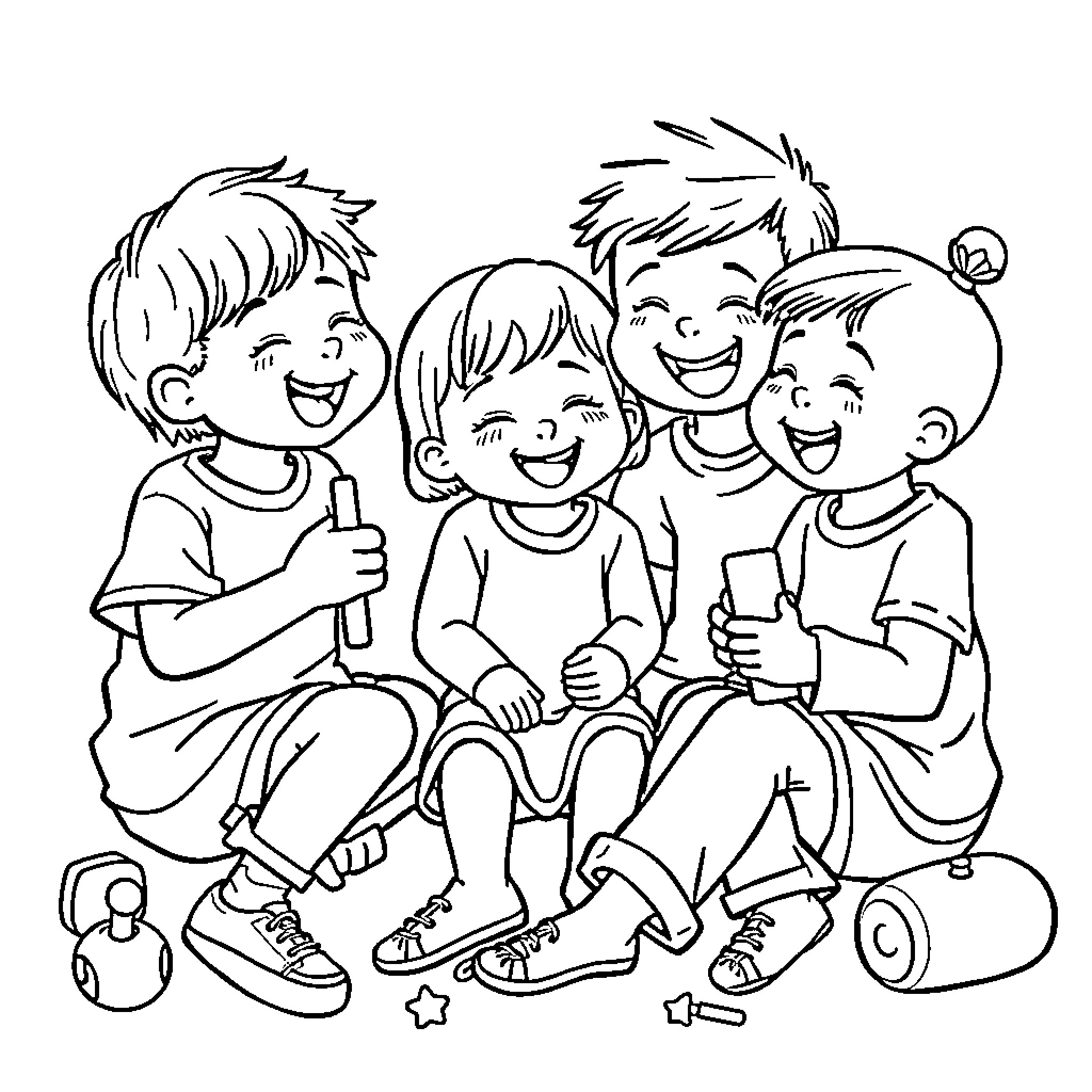 Niños jugando y riendo juntos Coloring Page (free black-and-white line drawing printable PDF for all, from beginners to advanced learners, including children, teens, adults, and seniors)