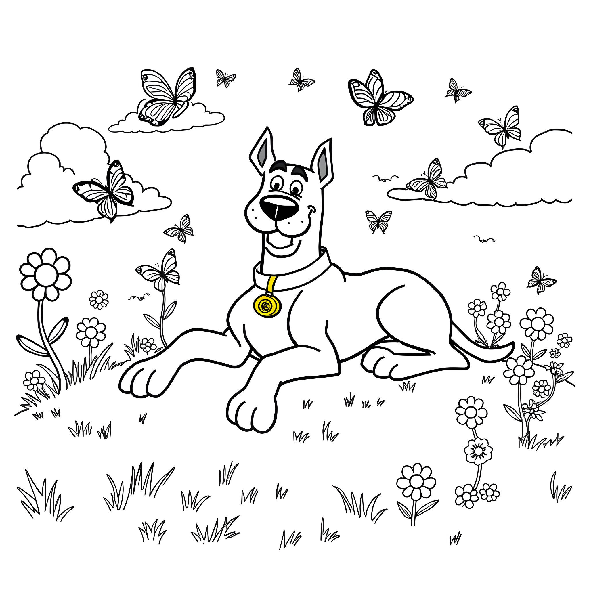 Scooby Doo enjoying a peaceful day with butterflies in the meadow Coloring Page (free black-and-white line drawing printable PDF for all, from beginners to advanced learners, including children, teens, adults, and seniors)
