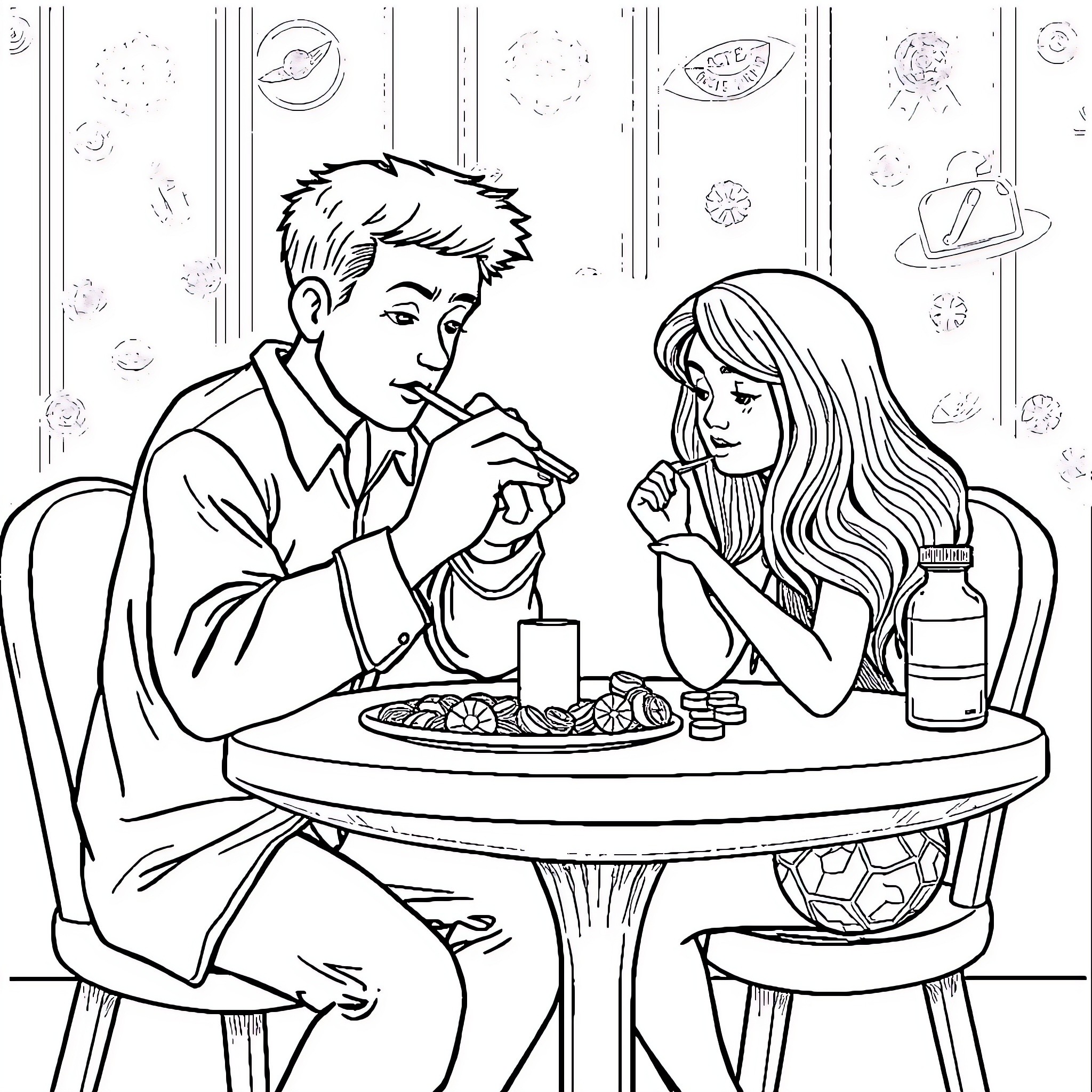 Comegalletas: Young couple enjoying a meal together Coloring Page (free black-and-white line drawing printable PDF for all, from beginners to advanced learners, including children, teens, adults, and seniors)