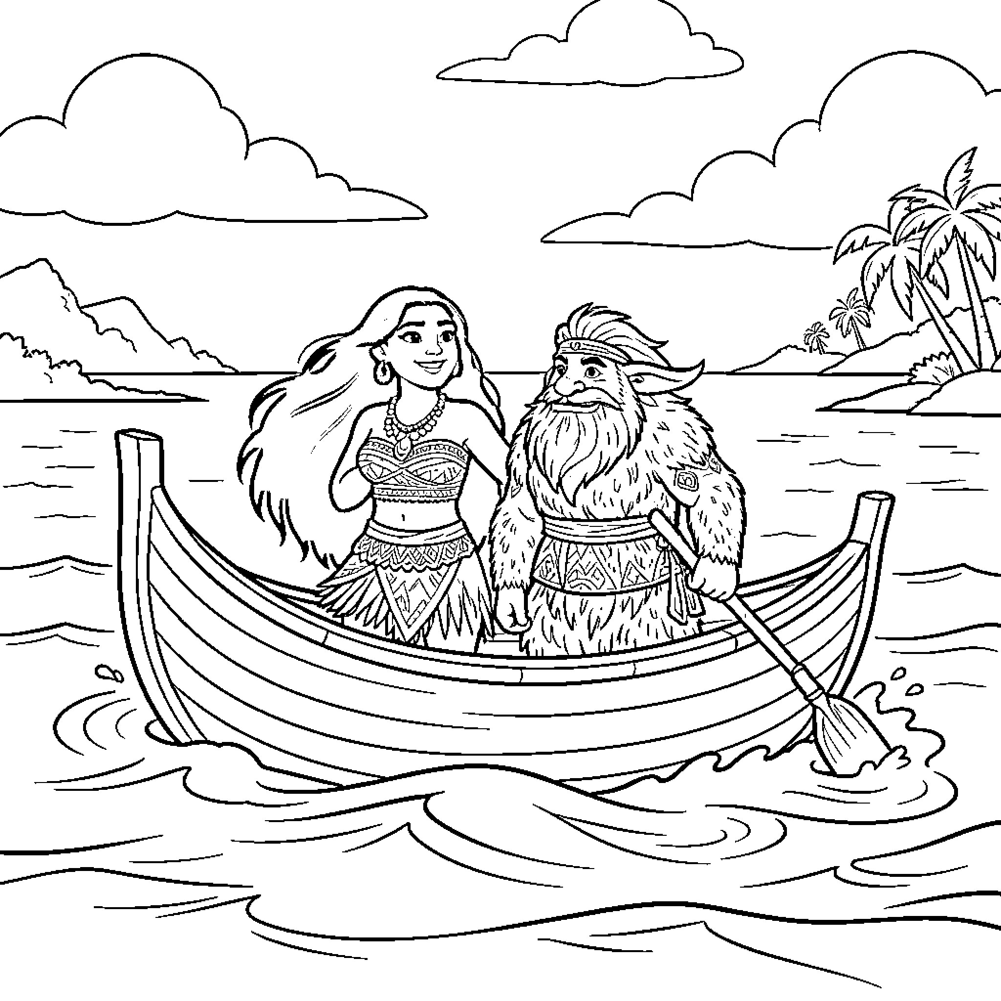 Moana and Maui sailing a boat on the ocean Coloring Page (free black-and-white line drawing printable PDF for all, from beginners to advanced learners, including children, teens, adults, and seniors)