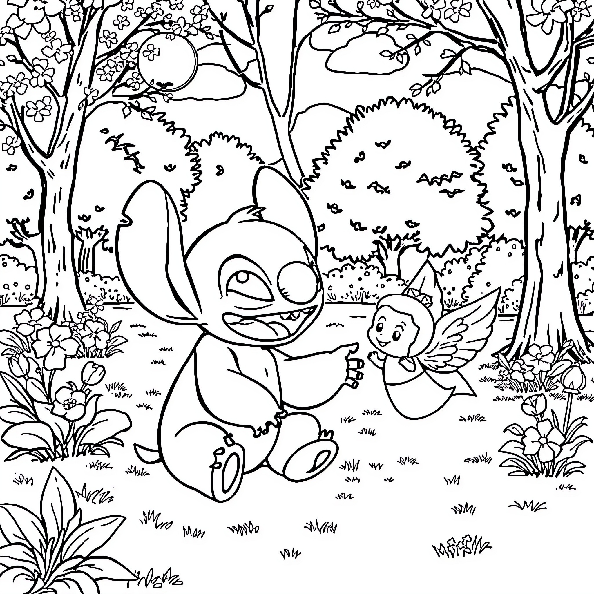 Stitch playing with fairy in magical forest Coloring Page (free black-and-white line drawing printable PDF for all, from beginners to advanced learners, including children, teens, adults, and seniors)