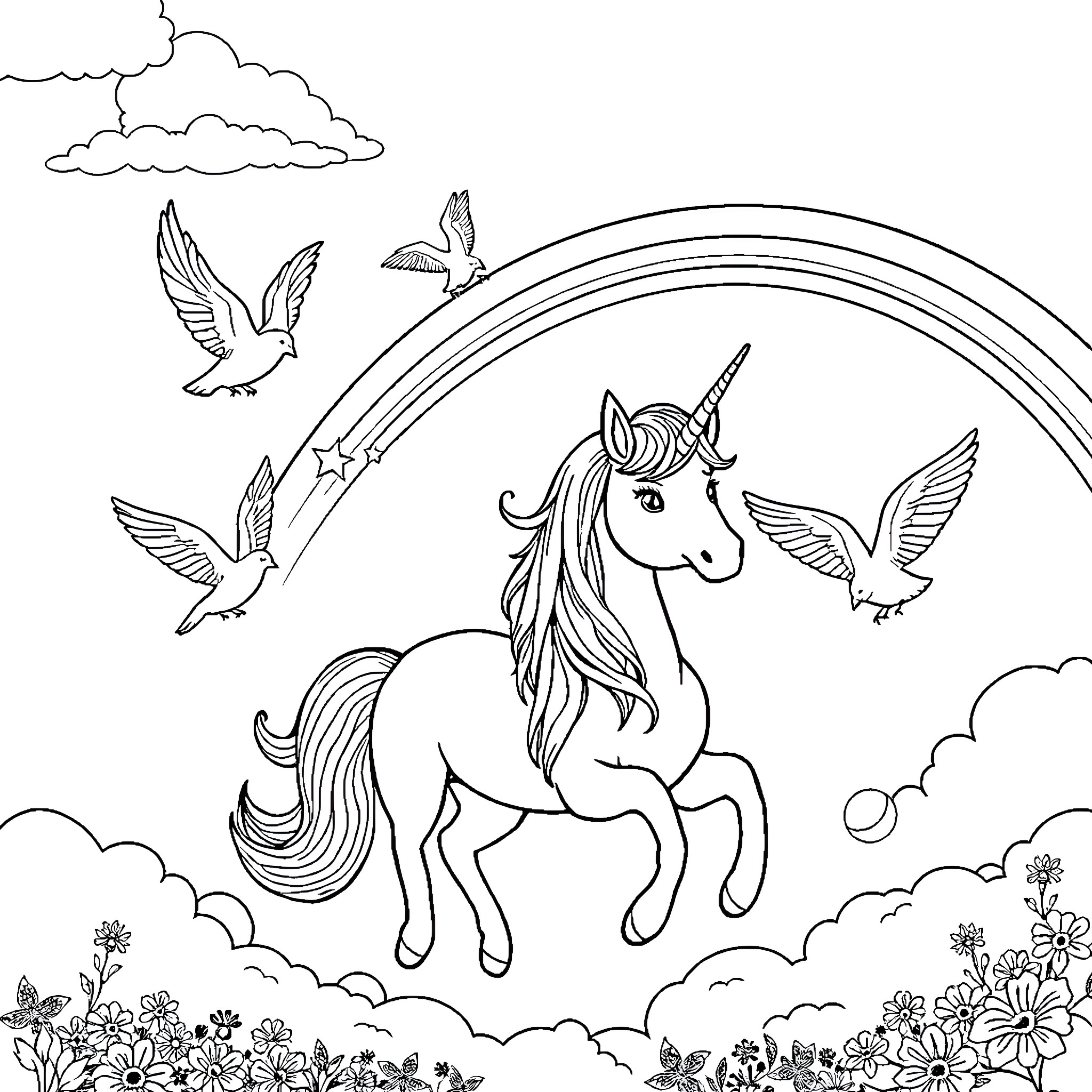 Bird soaring under a magical rainbow with a unicorn Coloring Page (free black-and-white line drawing printable PDF for all, from beginners to advanced learners, including children, teens, adults, and seniors)