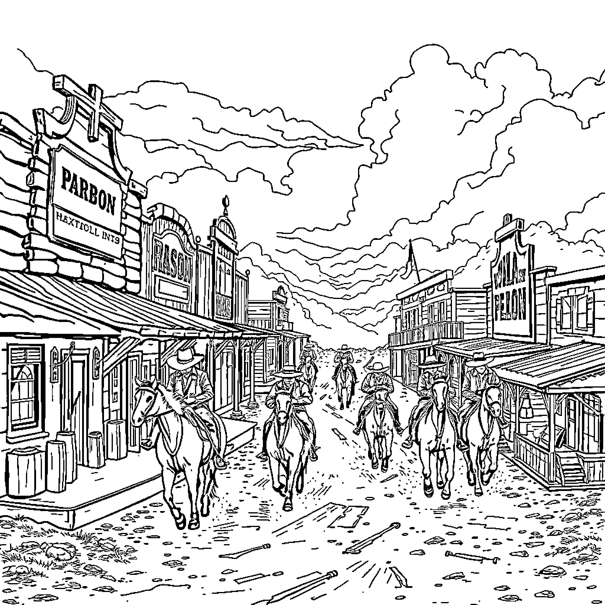 Wild West Frontier Town With Horseback Riders and Bustling Activity Coloring Page (free black-and-white line drawing printable PDF for all, from beginners to advanced learners, including children, teens, adults, and seniors)