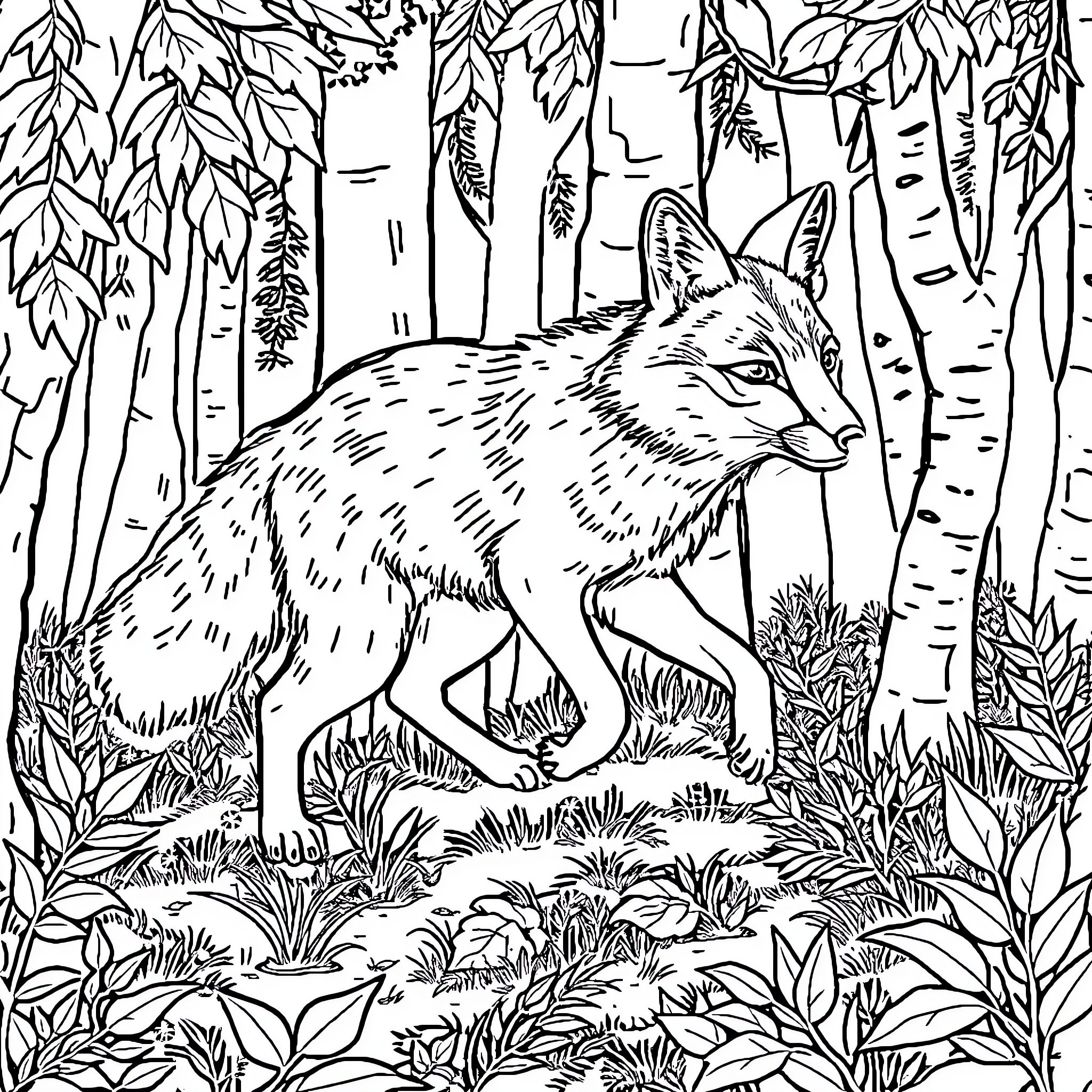 Fox Roaming Quietly Through Woodland Landscape Coloring Page (free black-and-white line drawing printable PDF for all, from beginners to advanced learners, including children, teens, adults, and seniors)