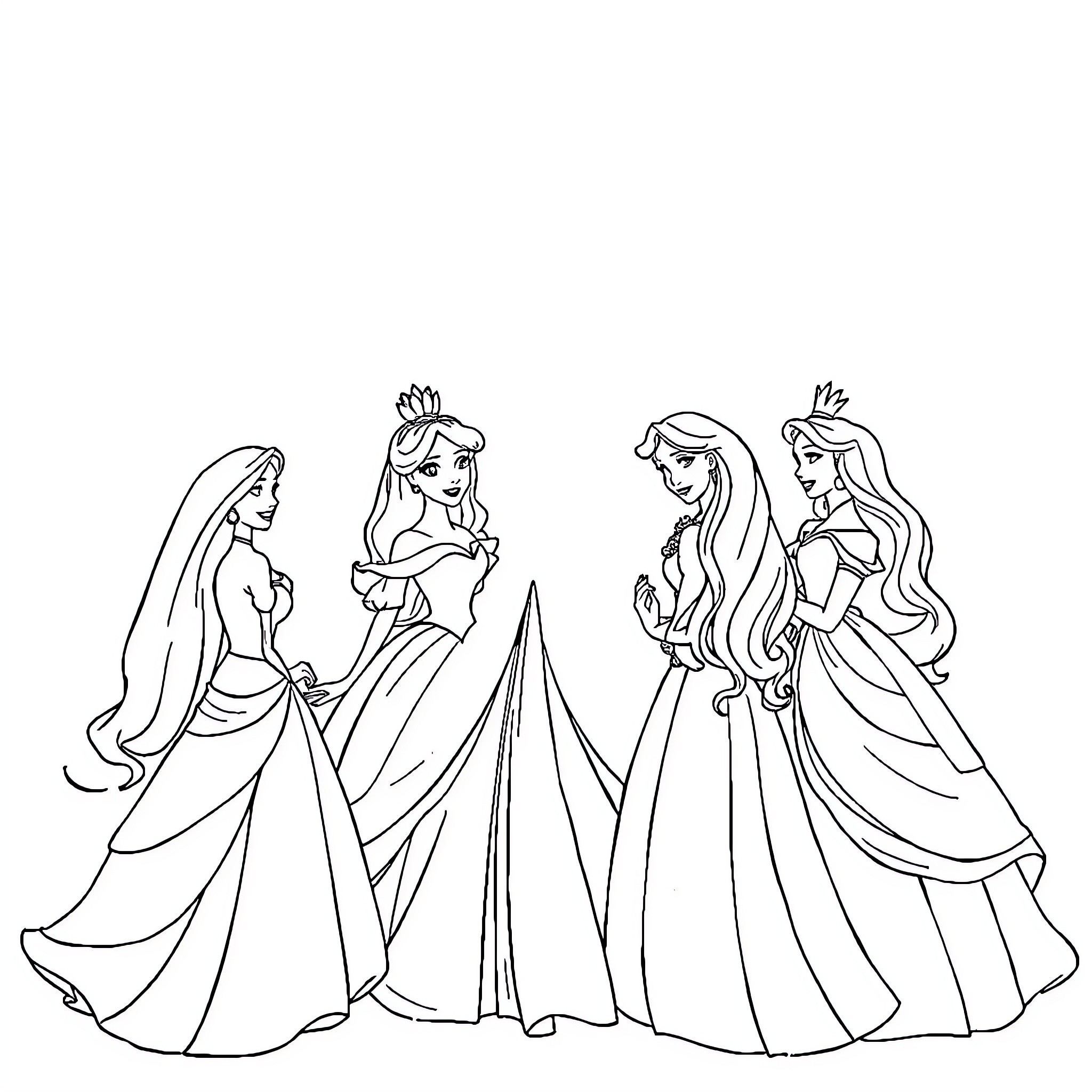 Disney Princesses in elegant gowns and formal attire Coloring Page (free black-and-white line drawing printable PDF for all, from beginners to advanced learners, including children, teens, adults, and seniors)