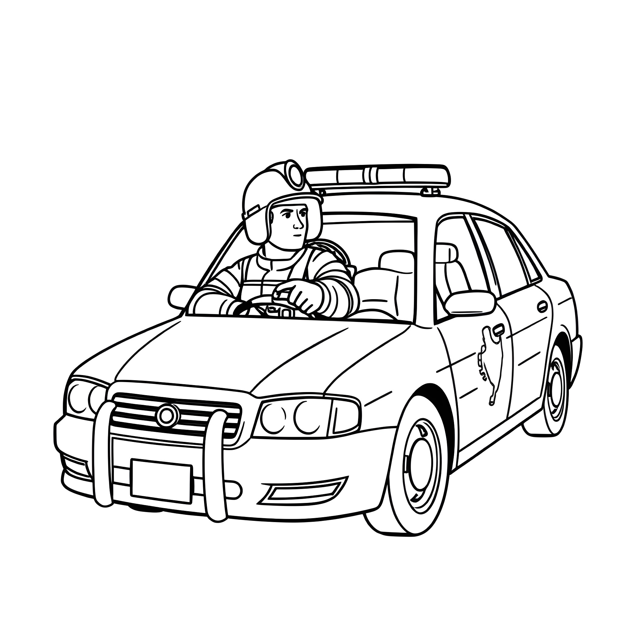 Firefighter responding to emergency call in police car Coloring Page (free black-and-white line drawing printable PDF for all, from beginners to advanced learners, including children, teens, adults, and seniors)