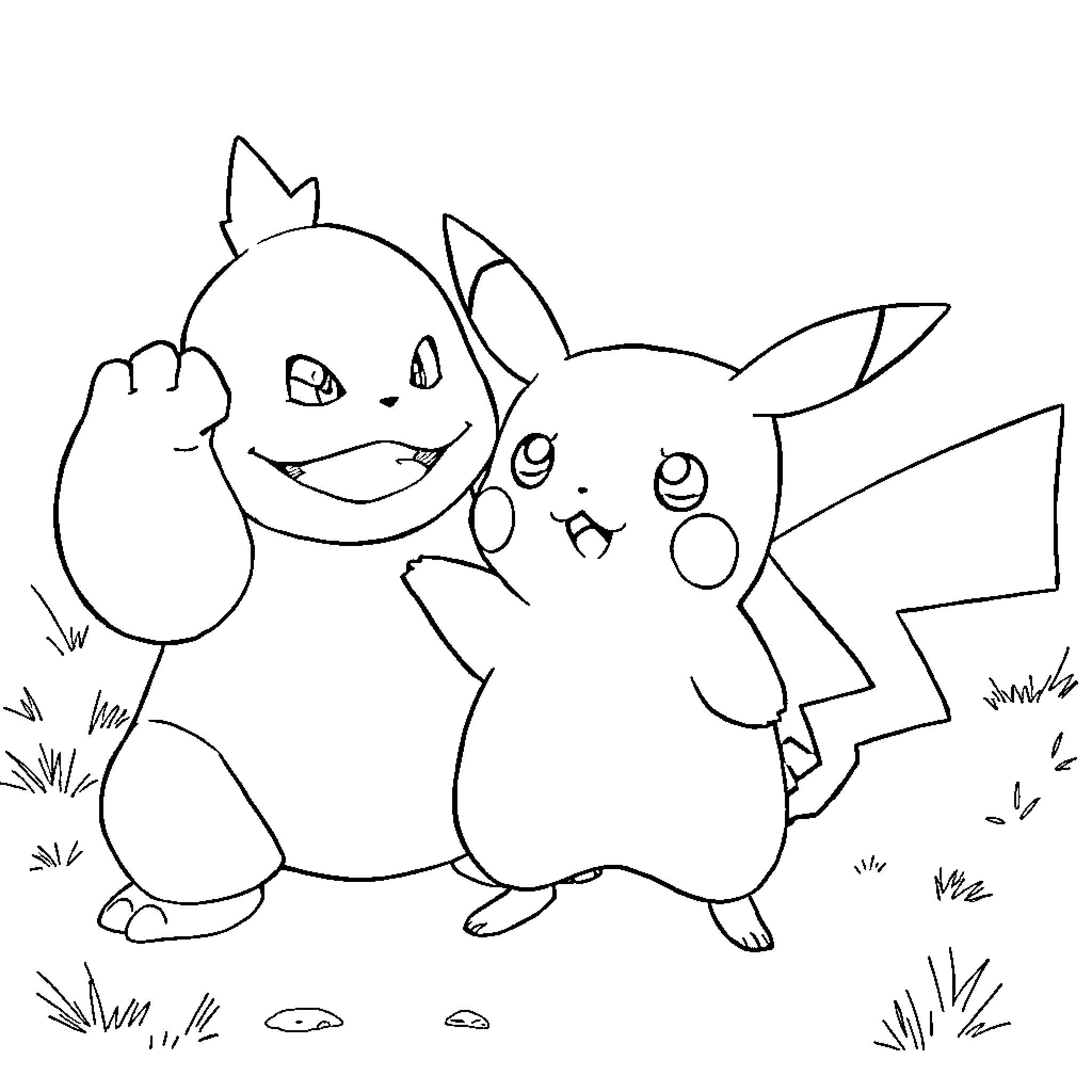 Pikachu and Raichu playing together in the field Coloring Page (free black-and-white line drawing printable PDF for all, from beginners to advanced learners, including children, teens, adults, and seniors)