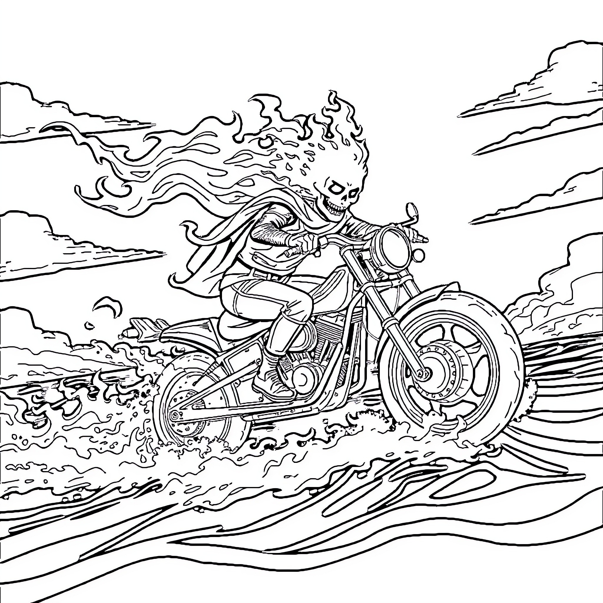 Ghost Rider racing on a fiery motorcycle Coloring Page (free black-and-white line drawing printable PDF for all, from beginners to advanced learners, including children, teens, adults, and seniors)