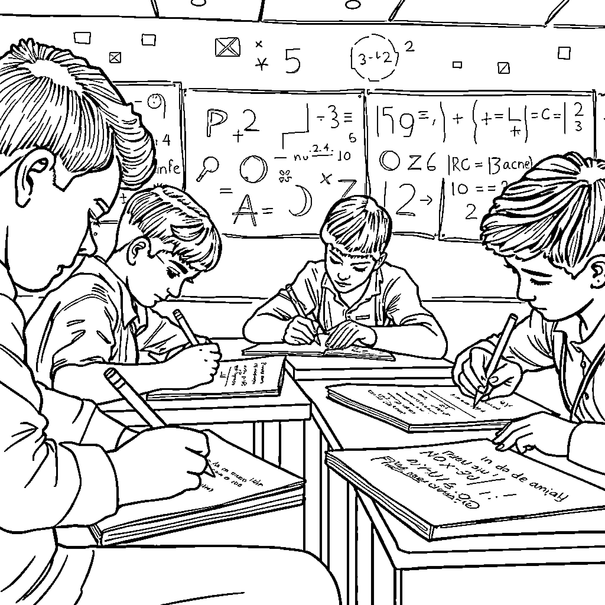 Mathematics Classroom: Students Engaged in Learning Coloring Page (free black-and-white line drawing printable PDF for all, from beginners to advanced learners, including children, teens, adults, and seniors)