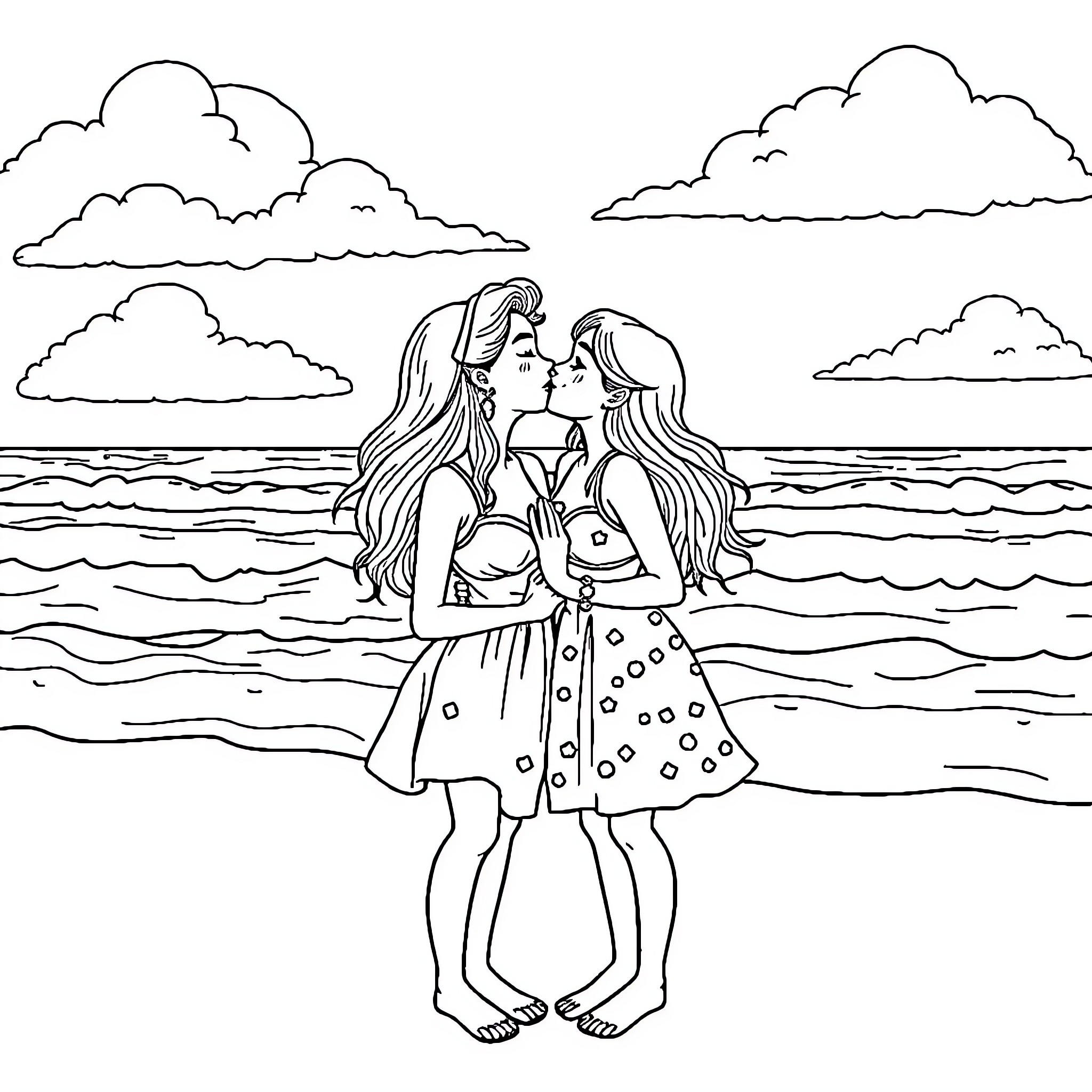 Girls sharing a tender moment by the ocean Coloring Page (free black-and-white line drawing printable PDF for all, from beginners to advanced learners, including children, teens, adults, and seniors)
