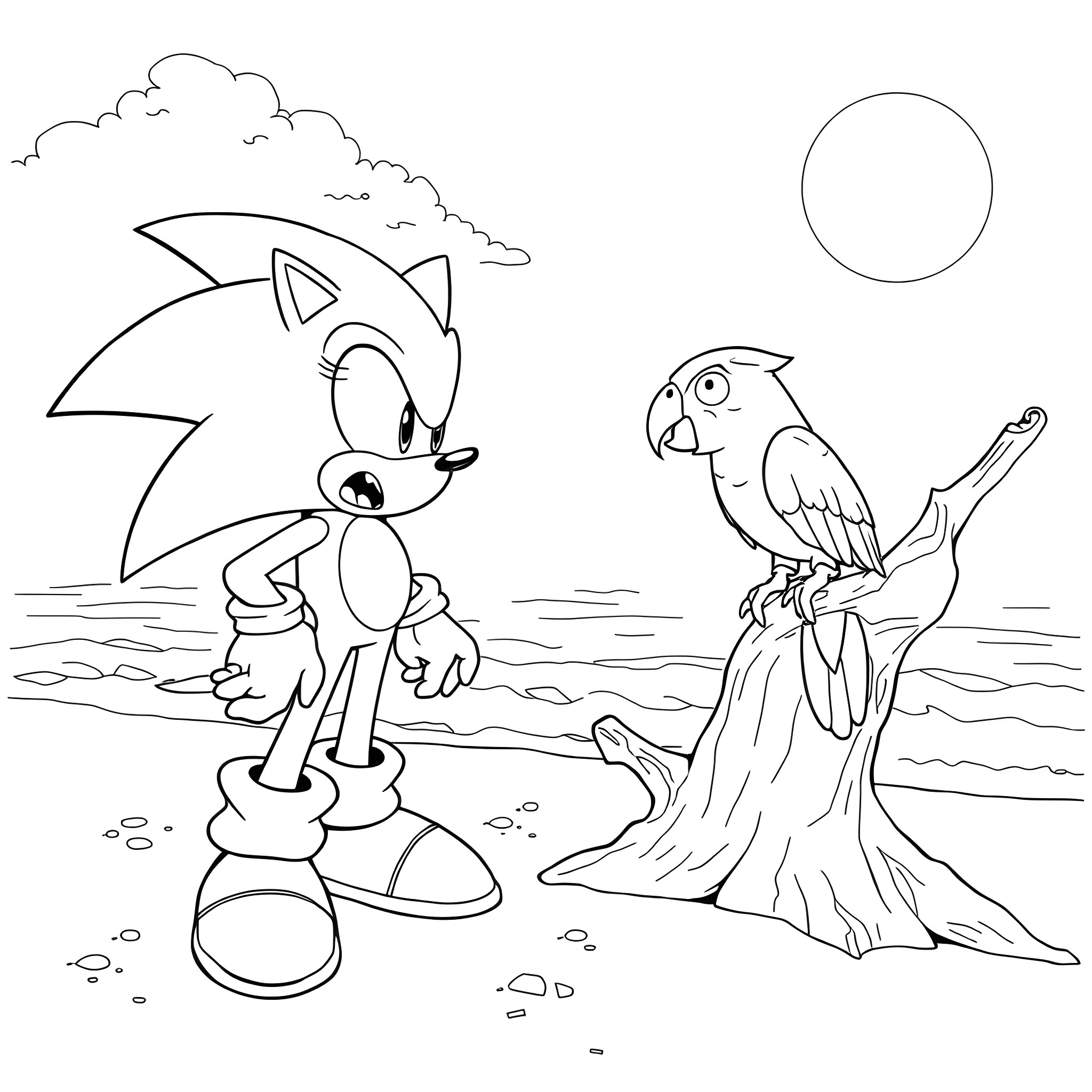 Sonic and a parrot in a natural setting Coloring Page (free black-and-white line drawing printable PDF for all, from beginners to advanced learners, including children, teens, adults, and seniors)