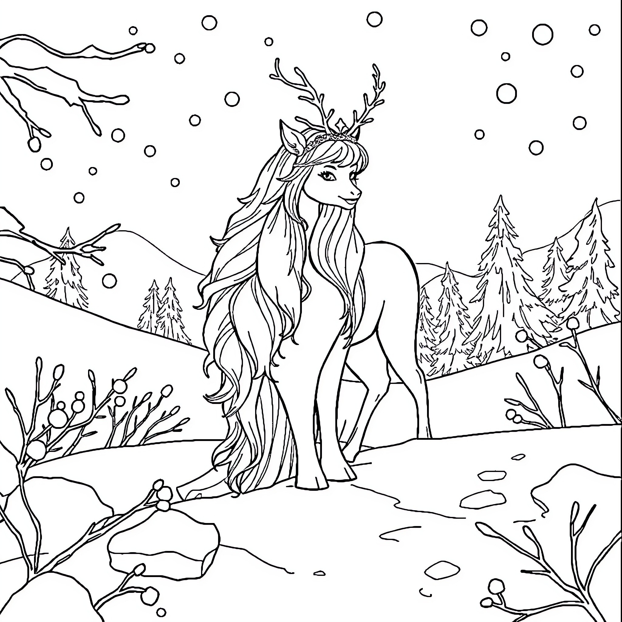 Snow Queen in Wintry Wonderland Coloring Page (free black-and-white line drawing printable PDF for all, from beginners to advanced learners, including children, teens, adults, and seniors)
