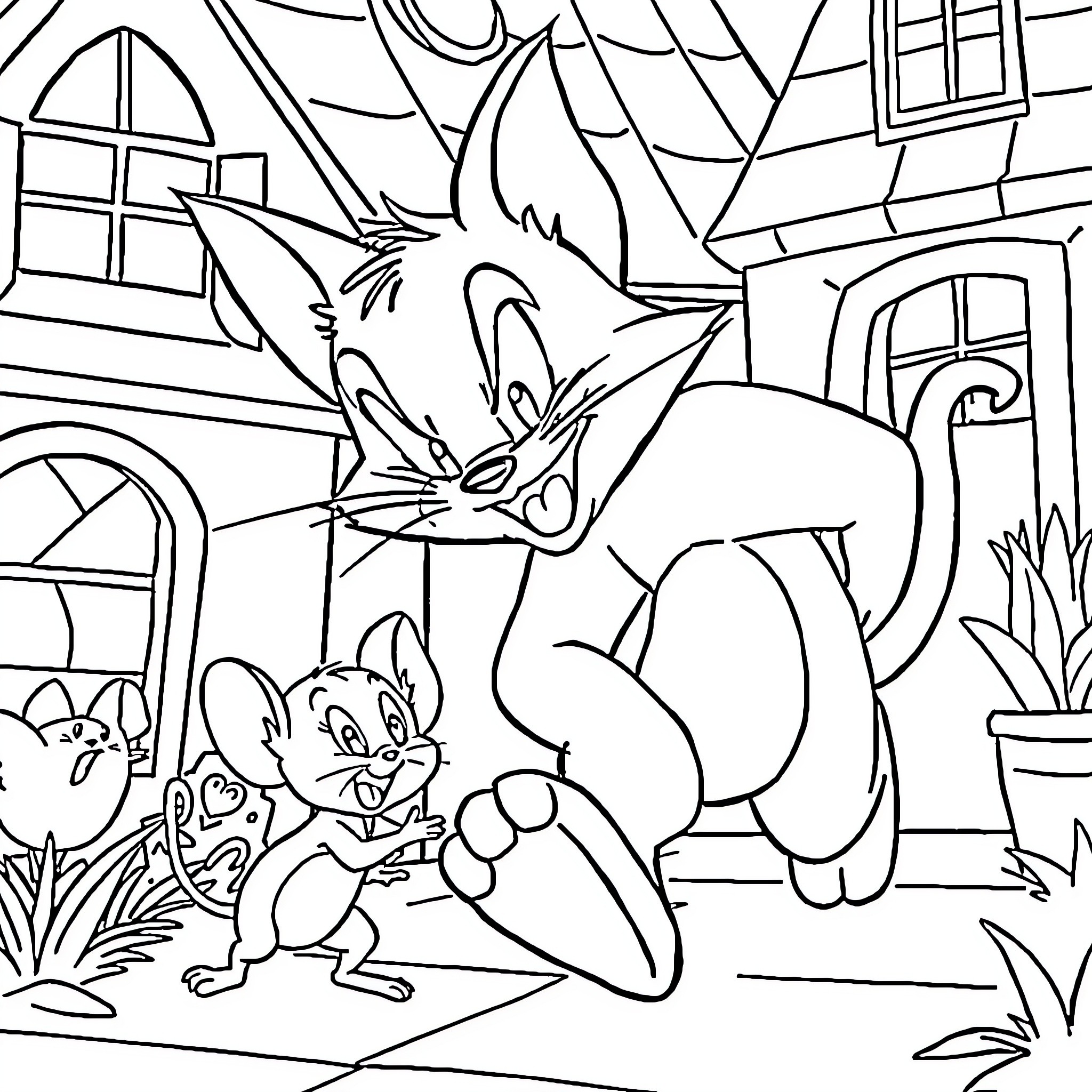 Tom and Jerry's Playful Antics in the Neighborhood Coloring Page (free black-and-white line drawing printable PDF for all, from beginners to advanced learners, including children, teens, adults, and seniors)