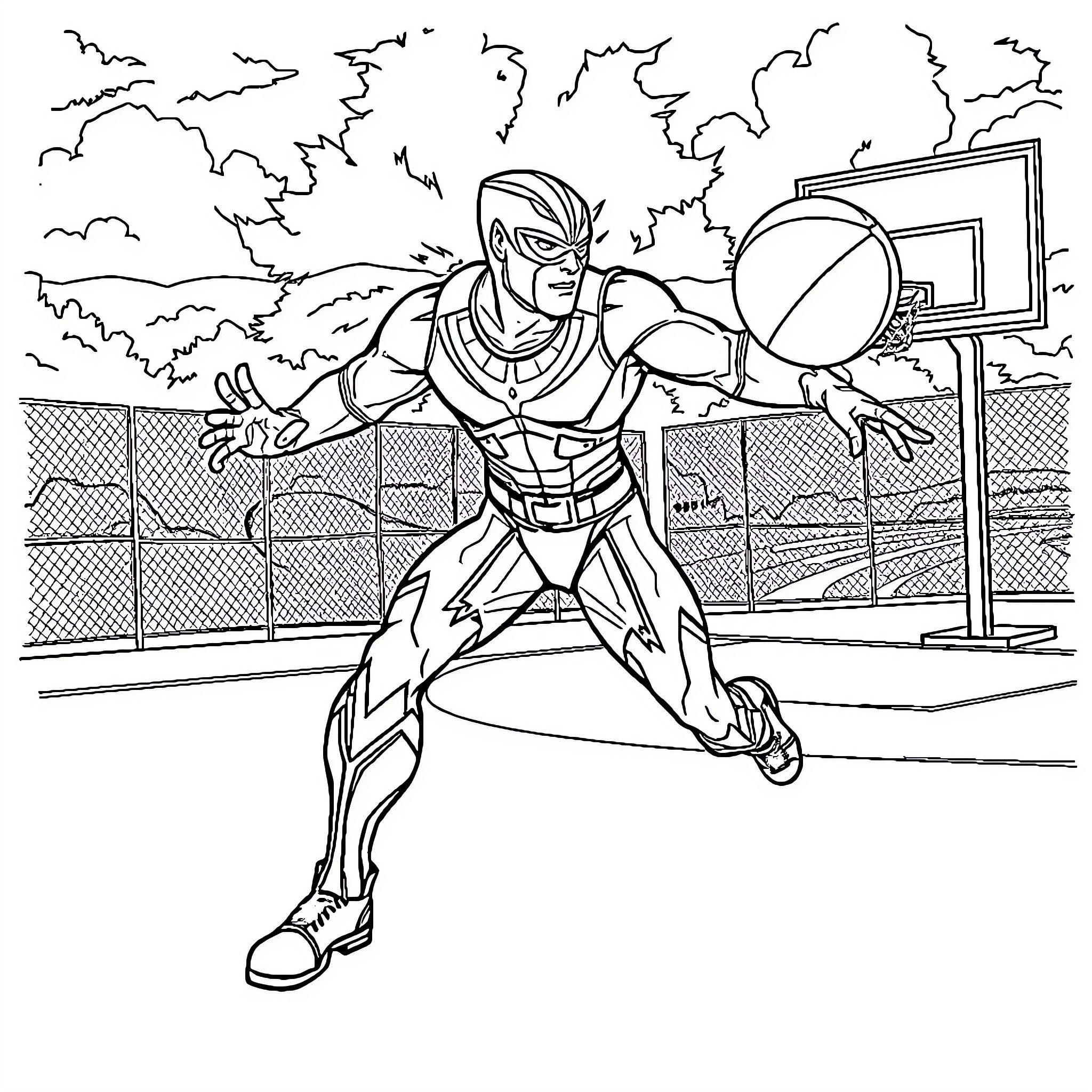 Guyver battles on the basketball court Coloring Page (free black-and-white line drawing printable PDF for all, from beginners to advanced learners, including children, teens, adults, and seniors)