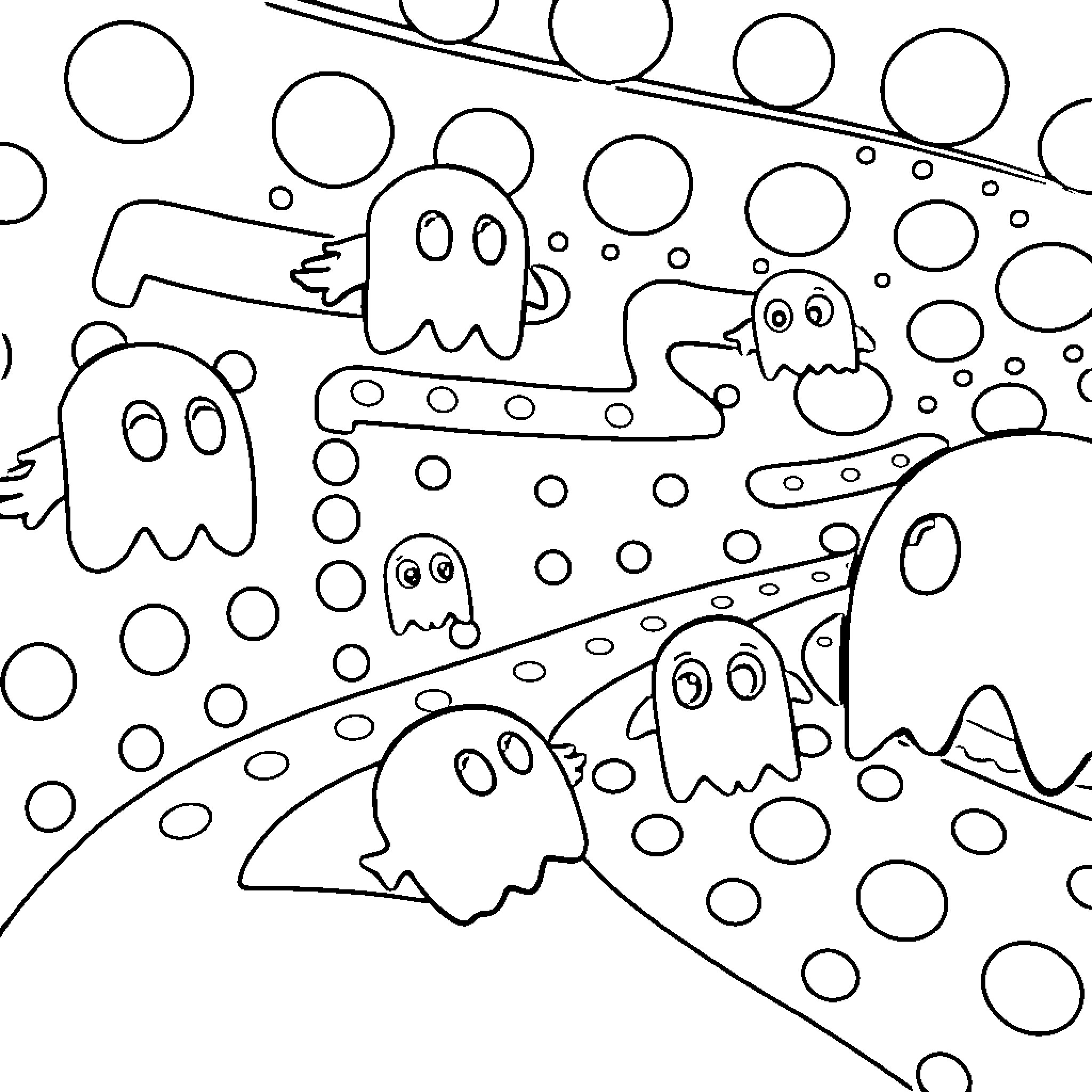 Pacman ghosts playfully chasing in a bubbly environment Coloring Page (free black-and-white line drawing printable PDF for all, from beginners to advanced learners, including children, teens, adults, and seniors)