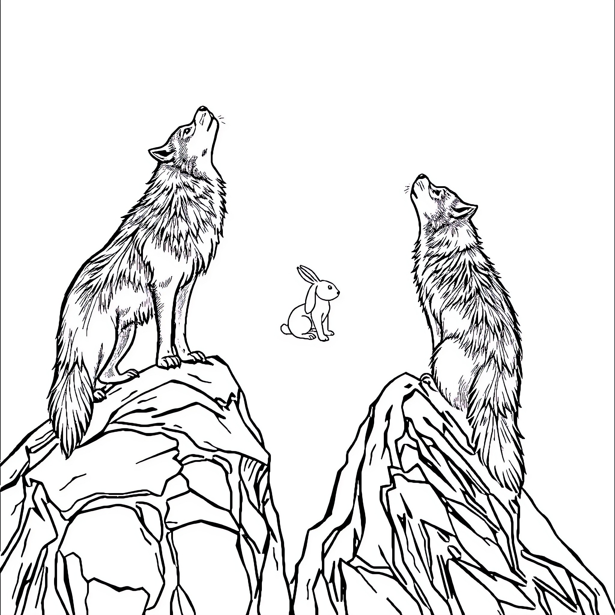Wolf howling on rocky cliffs with small rabbit Coloring Page (free black-and-white line drawing printable PDF for all, from beginners to advanced learners, including children, teens, adults, and seniors)