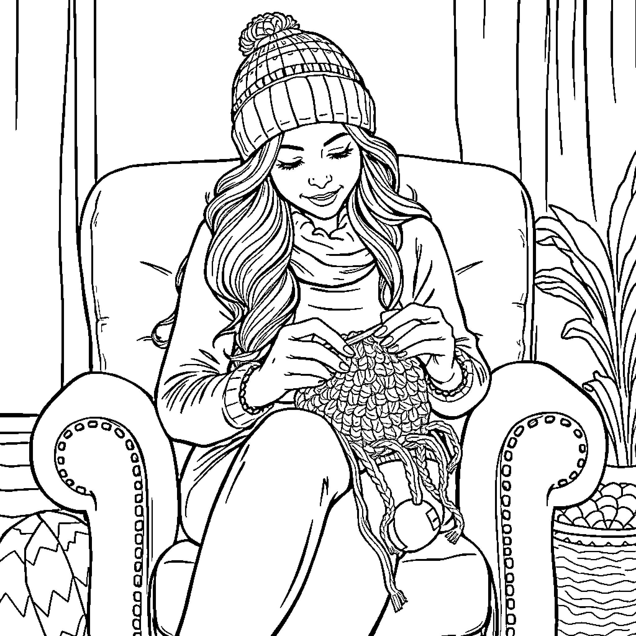 Wife relaxing with knitting project in cozy armchair Coloring Page (free black-and-white line drawing printable PDF for all, from beginners to advanced learners, including children, teens, adults, and seniors)