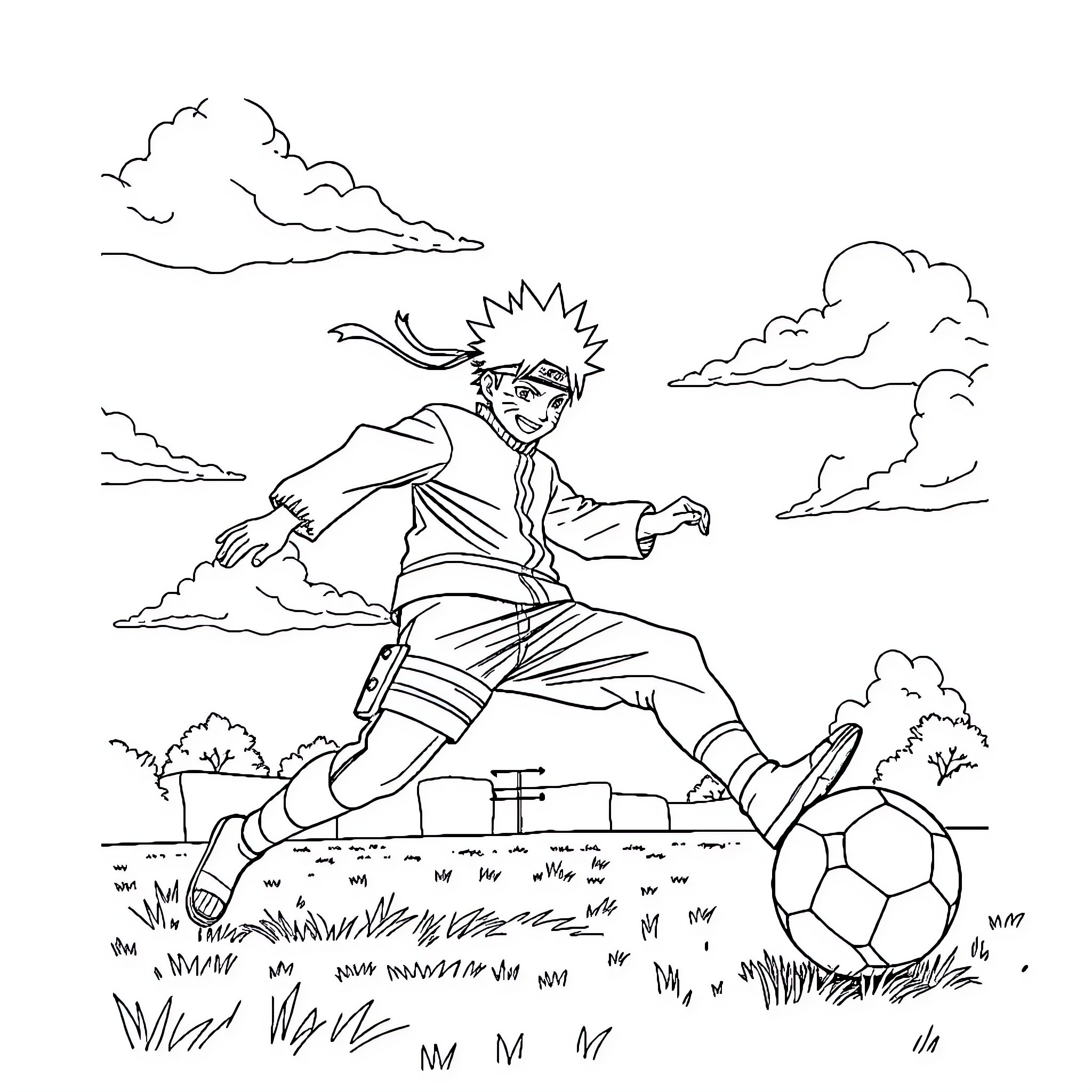 Naruto playing soccer in the meadow Coloring Page (free black-and-white line drawing printable PDF for all, from beginners to advanced learners, including children, teens, adults, and seniors)