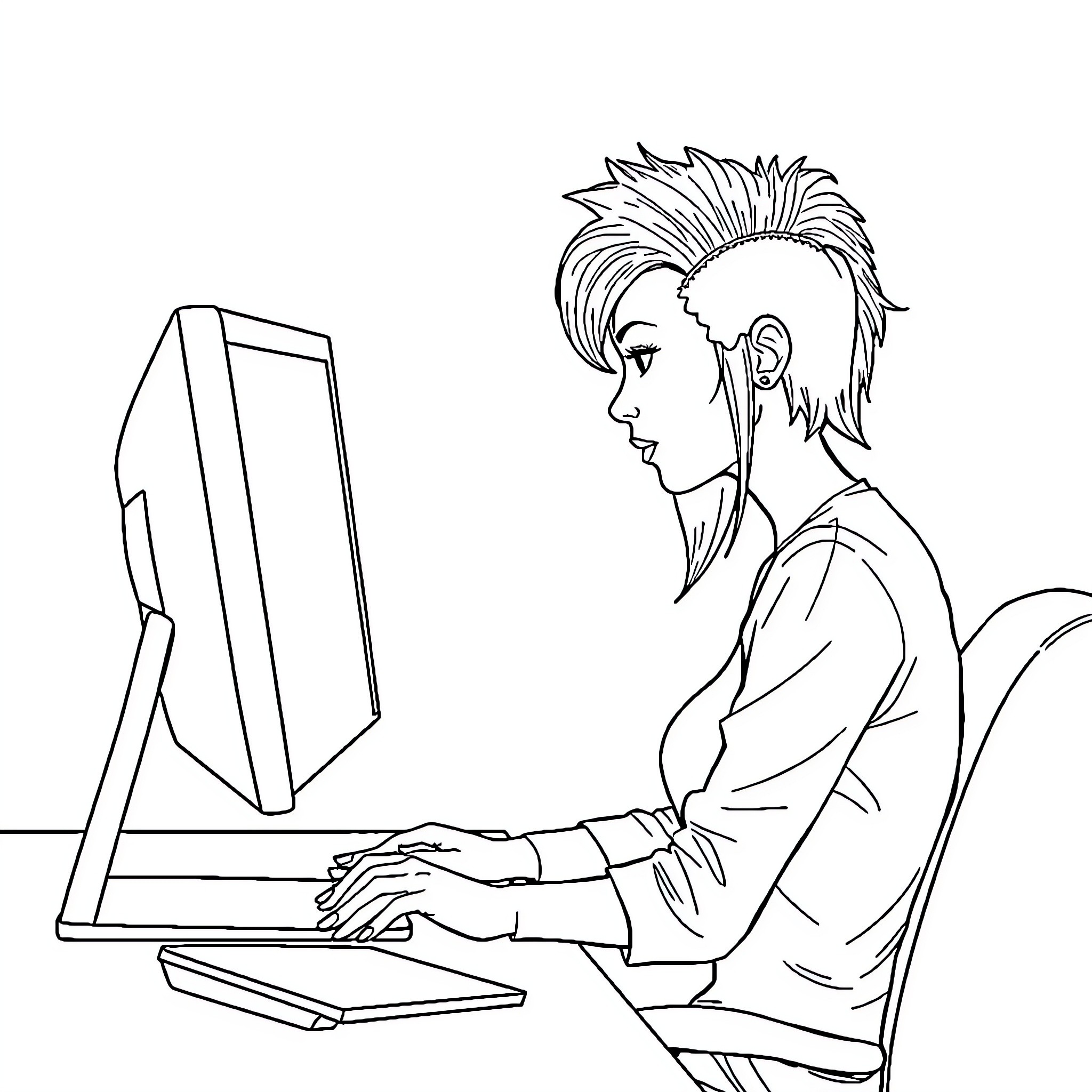 Woman focused on working at computer Coloring Page (free black-and-white line drawing printable PDF for all, from beginners to advanced learners, including children, teens, adults, and seniors)