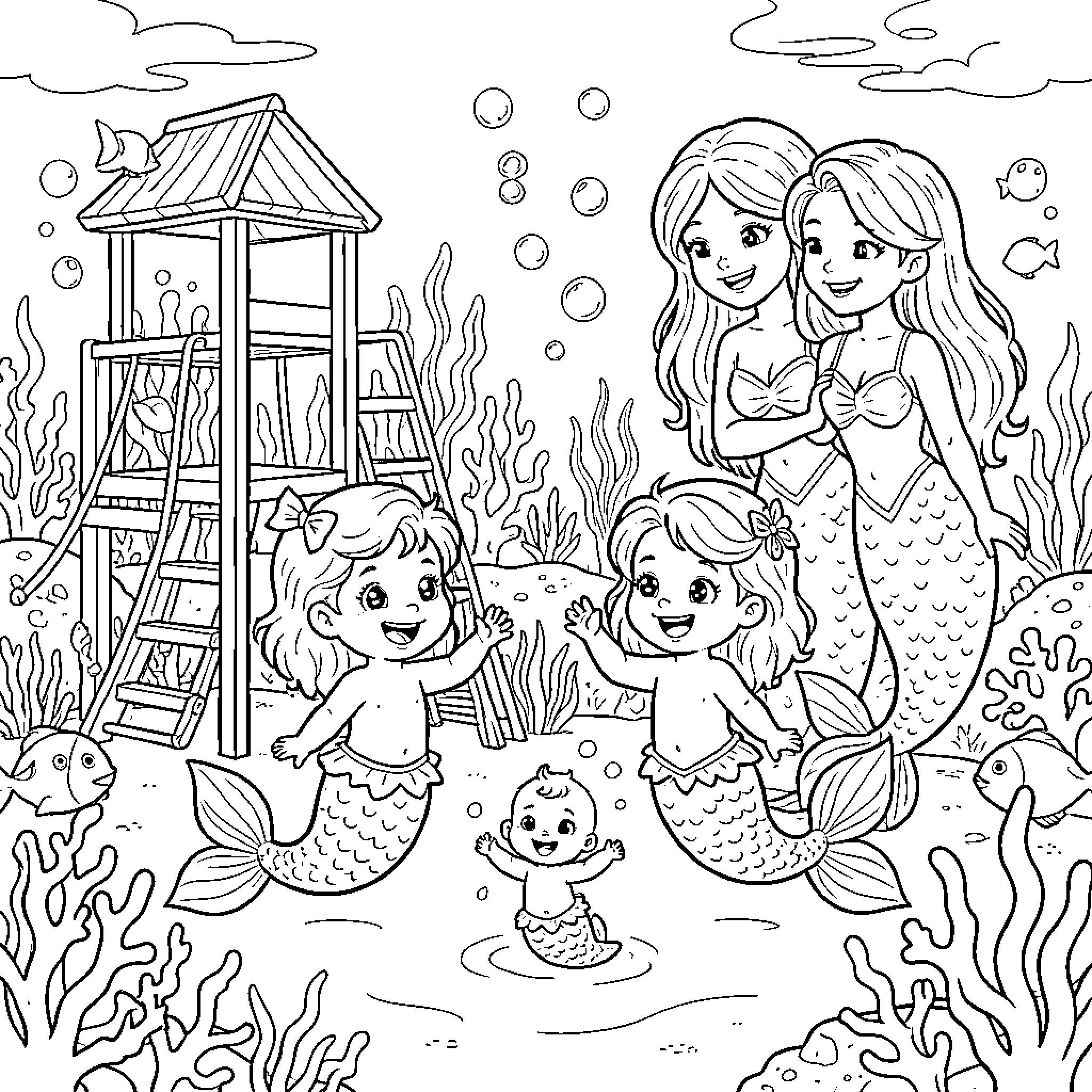 Mermaid family playing in the underwater scene Coloring Page (free black-and-white line drawing printable PDF for all, from beginners to advanced learners, including children, teens, adults, and seniors)