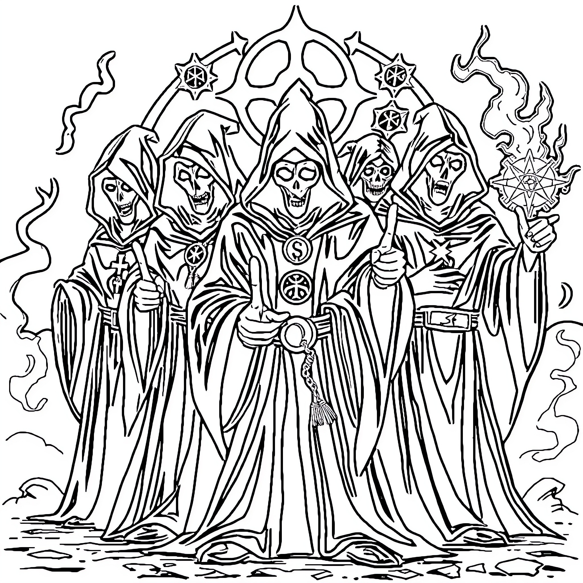 Wizard Council Gathering in Ethereal Realm Coloring Page (free black-and-white line drawing printable PDF for all, from beginners to advanced learners, including children, teens, adults, and seniors)