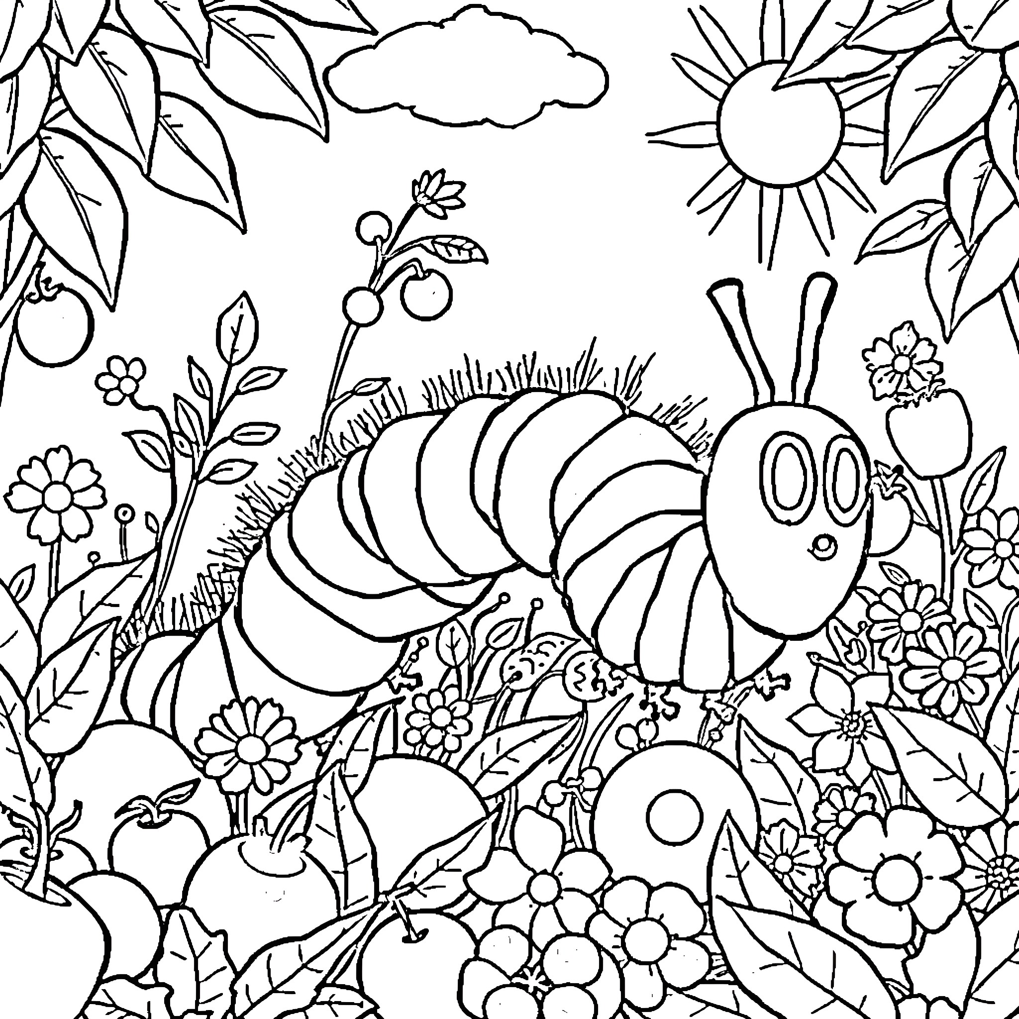 Caterpillar exploring a vibrant nature scene Coloring Page (free black-and-white line drawing printable PDF for all, from beginners to advanced learners, including children, teens, adults, and seniors)